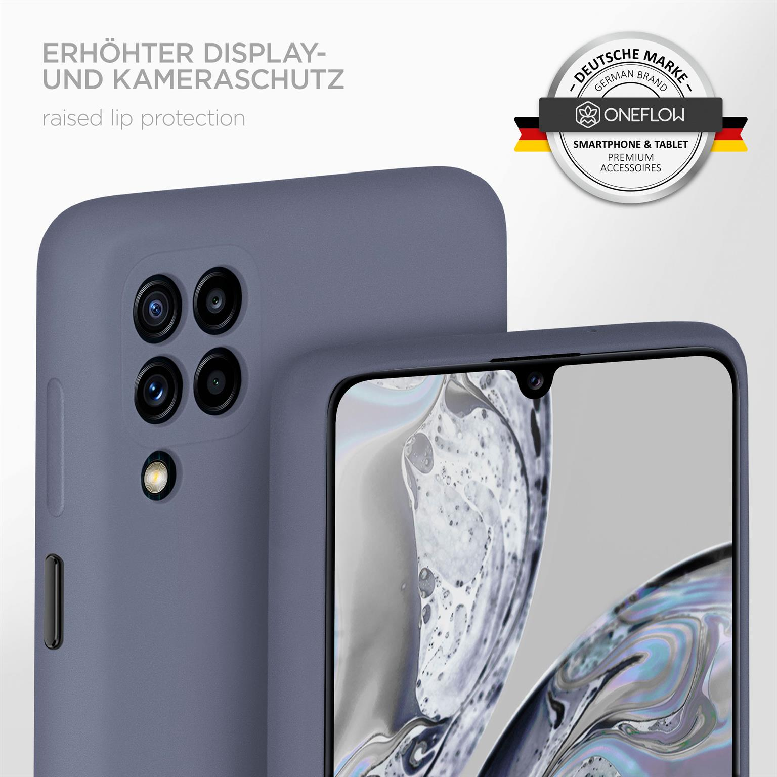 Ein Telefon mit blauer Hülle. Das Telefon befindet sich vor einem anderen und zeigt Kamera und Bildschirm, mit Text zum Schutz.