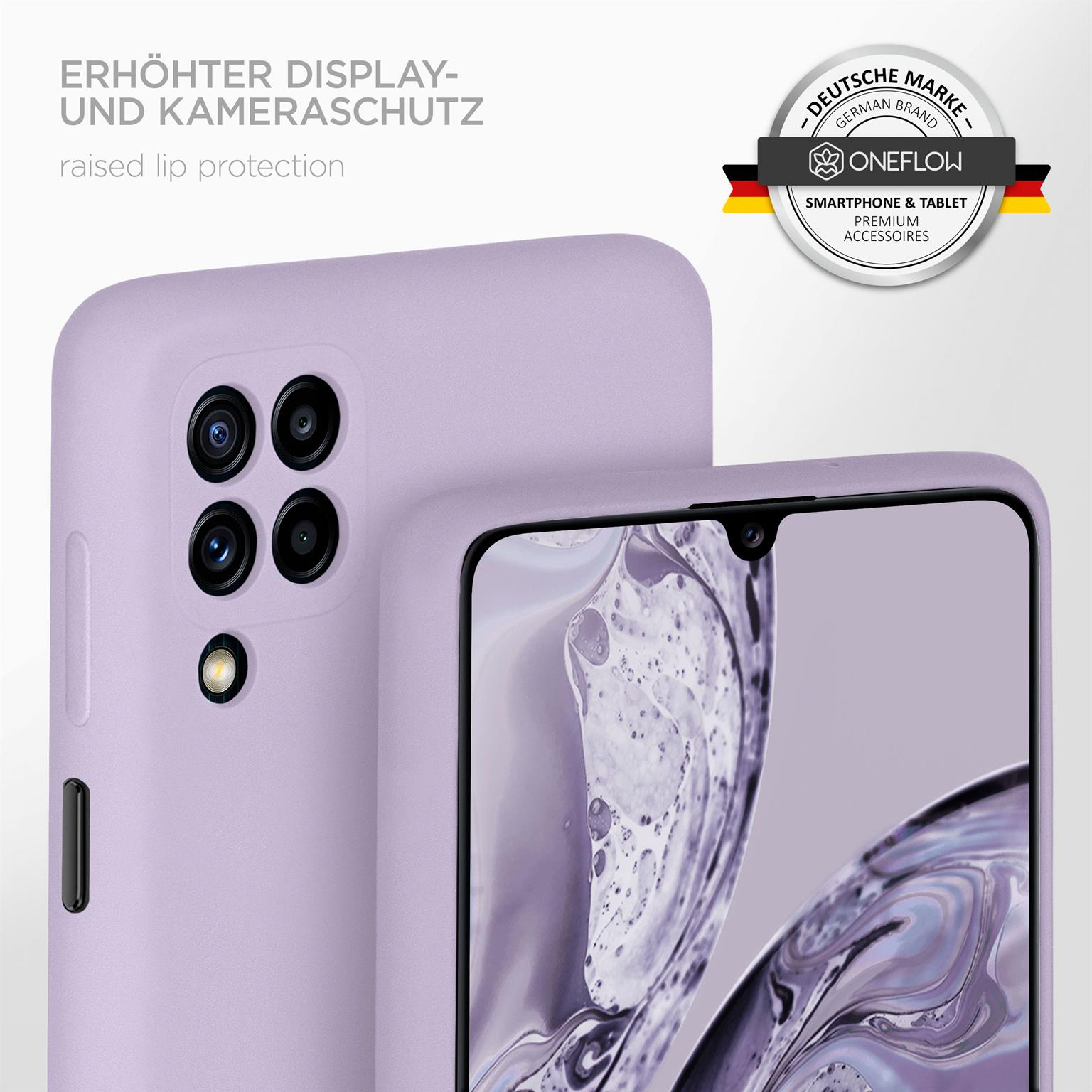 Eine lavendelfarbene Handyhülle mit einem Telefon darin und einem Logo im Hintergrund. Text: Erhöhter Schutz.