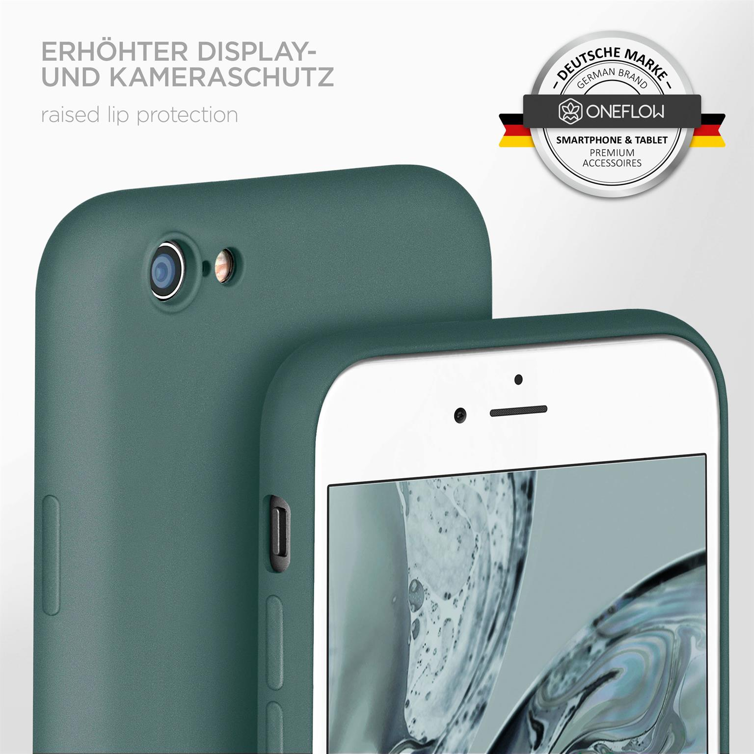 Zwei Telefone mit grünen Hüllen, eins Nahaufnahme Kamera, eins Bildschirm.