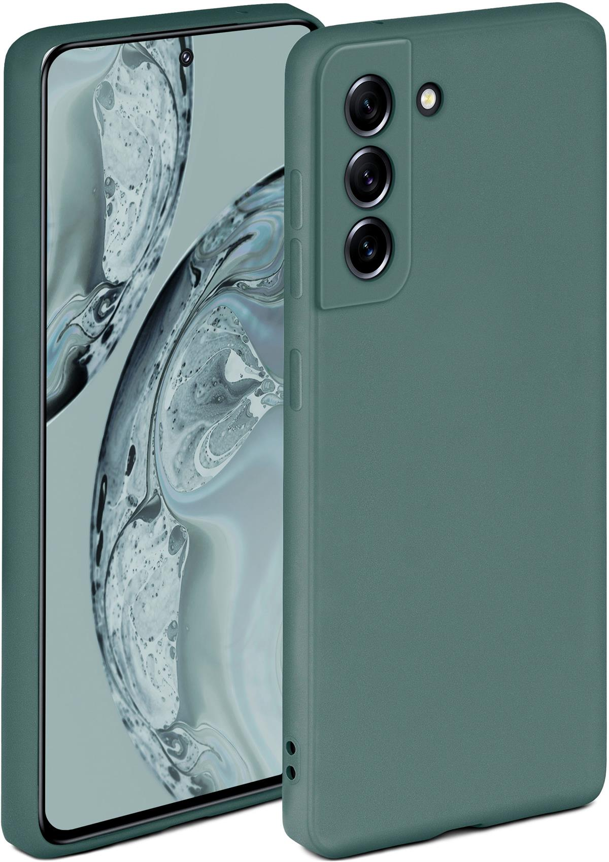 Grüne Handyhülle mit einem Telefon. Telefon hat Bildschirm mit abstrakter Kunst. Hülle ist daneben.