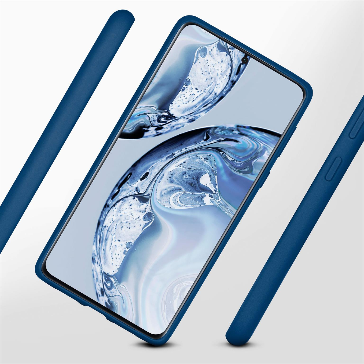 Telefon in blauer Hülle, mit drei blauen Linien drumherum. Der Hintergrund ist hellblau.
