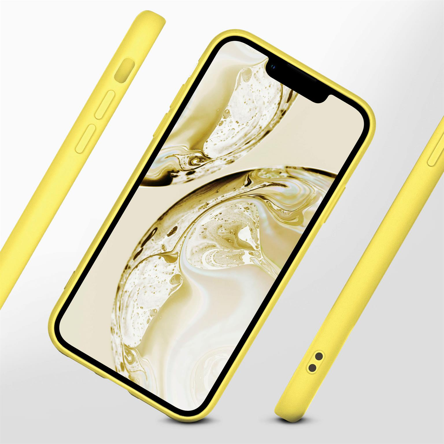 Gelbe Handyhülle mit Telefon darin, aus mehreren Winkeln. Der Hintergrund ist weiß.