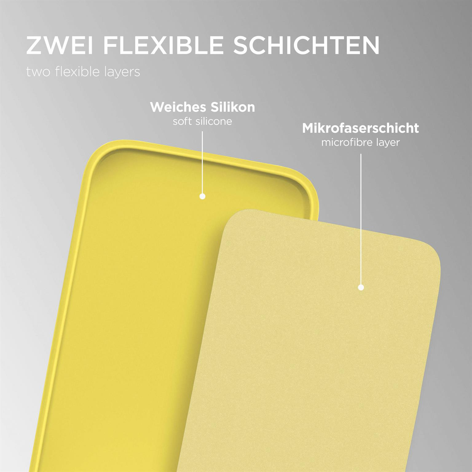 Zwei gelbe, flexible Schichten. Eine ist weiches Silikon, die andere ist eine Mikrofaser-Schicht. Weißer Hintergrund.