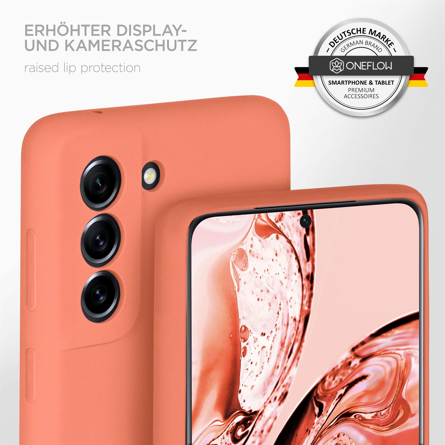 Eine orangefarbene Handyhülle um ein Telefon. Text: erhöhter Display- und Kameraschutz. Oneflow und deutsche Markenlogos.