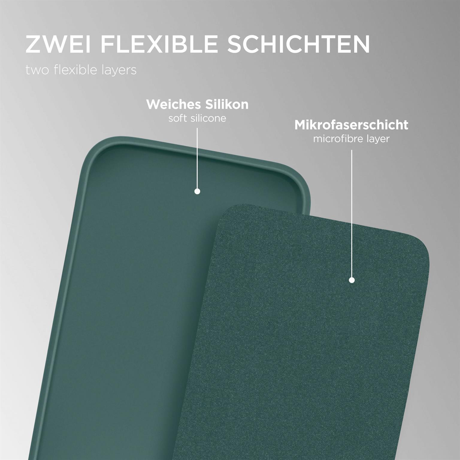 Zwei Schichten einer Handyhülle. Weiches Silikon und eine Mikrofaser-Schicht. Grün und dunkelgrün.
