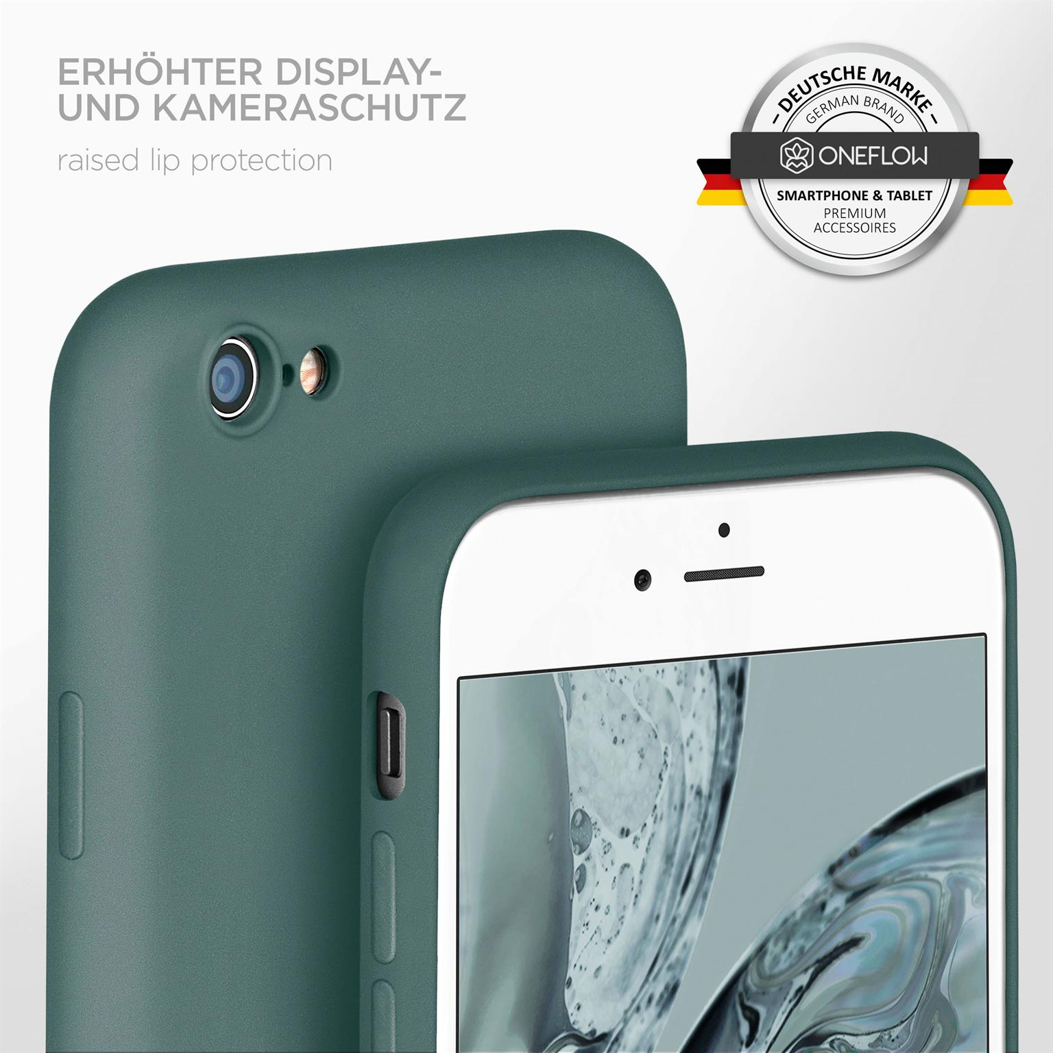 Eine tealfarbene Handyhülle mit einem Telefon darin. Die Hülle schützt Kamera und Bildschirm.