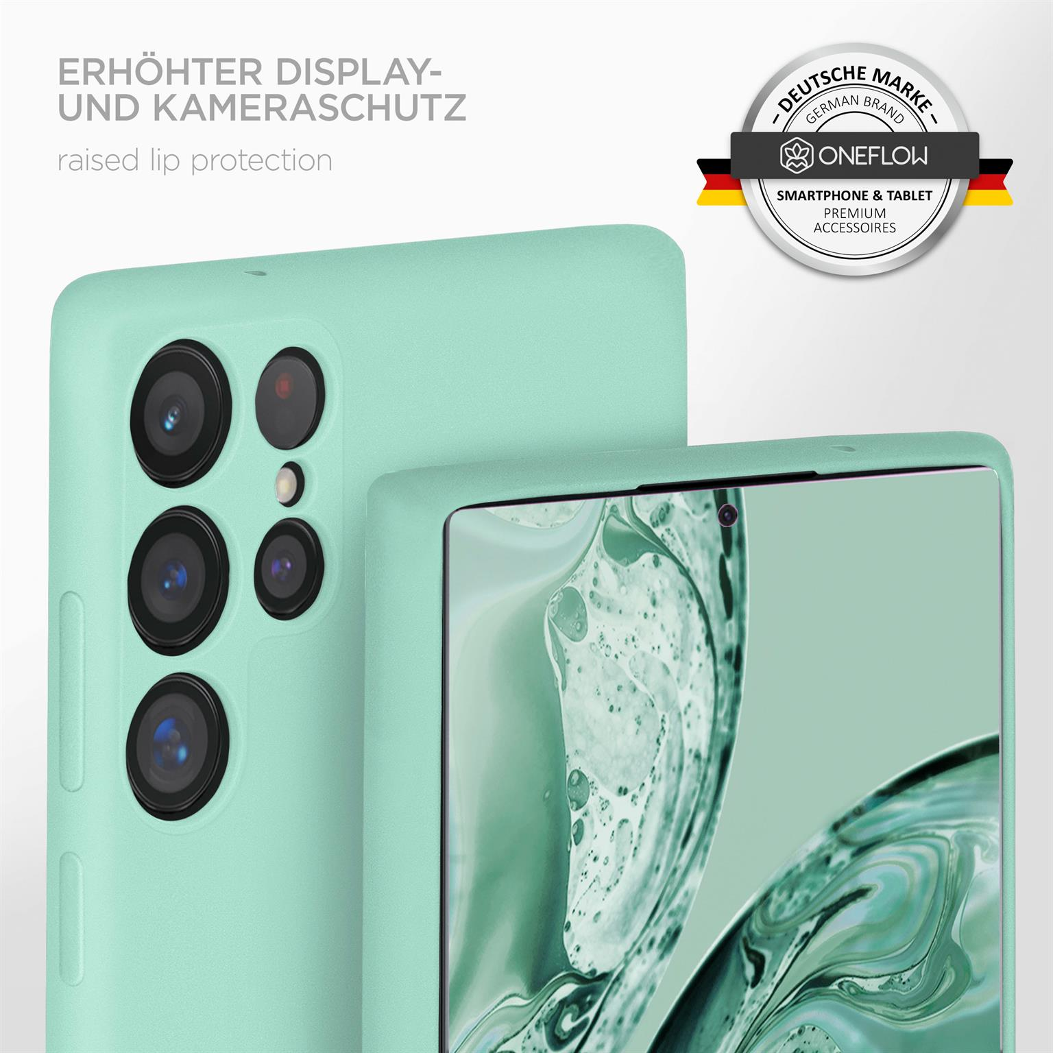 Mintgrüne Handyhülle mit Kameraausschnitt und erhöhtem Lippenschutz. Eine weitere mintgrüne Hülle ist sichtbar.