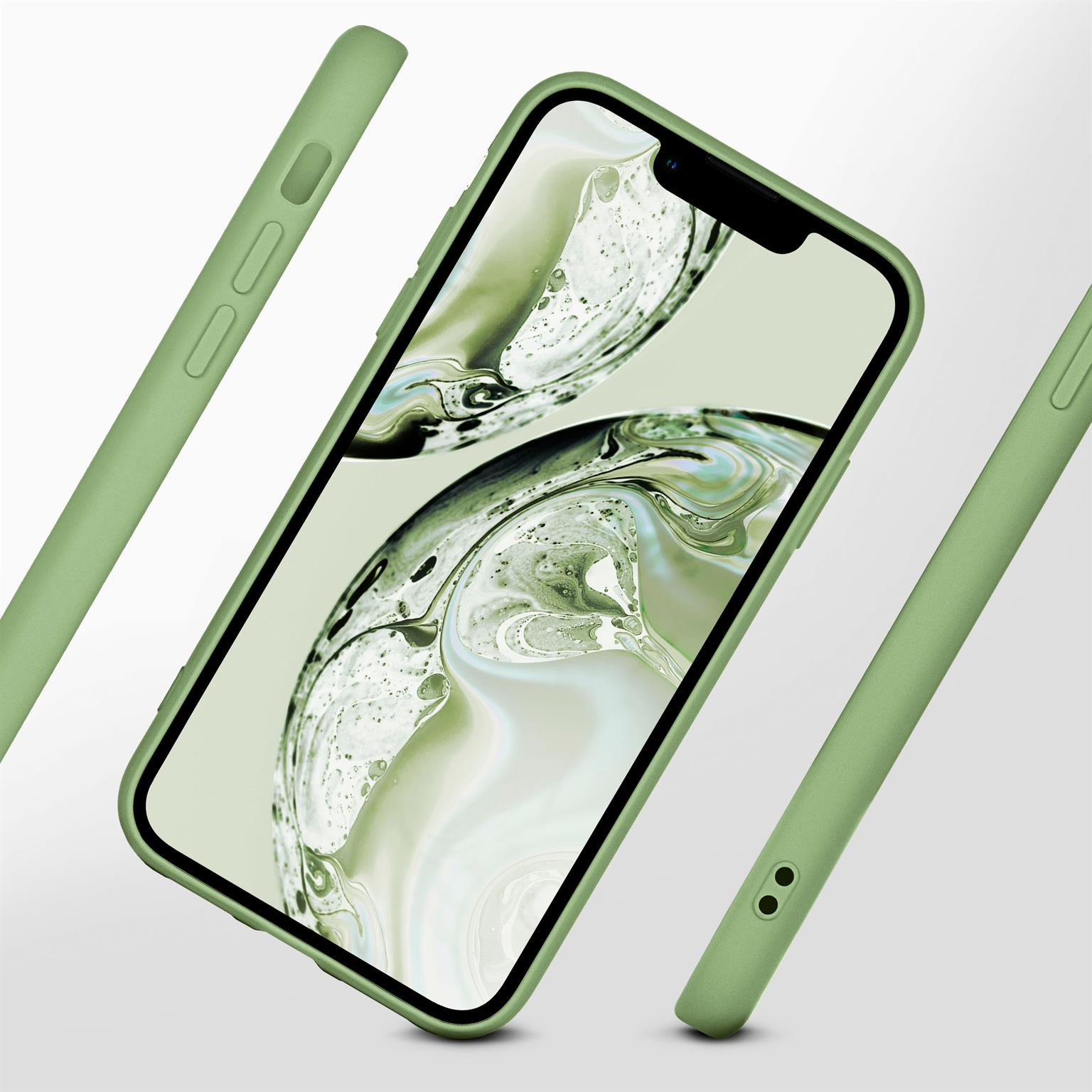 Ein Telefon in einer grünen Hülle, abgewinkelt, mit einem Bildschirm, der ein wirbelndes Muster zeigt.