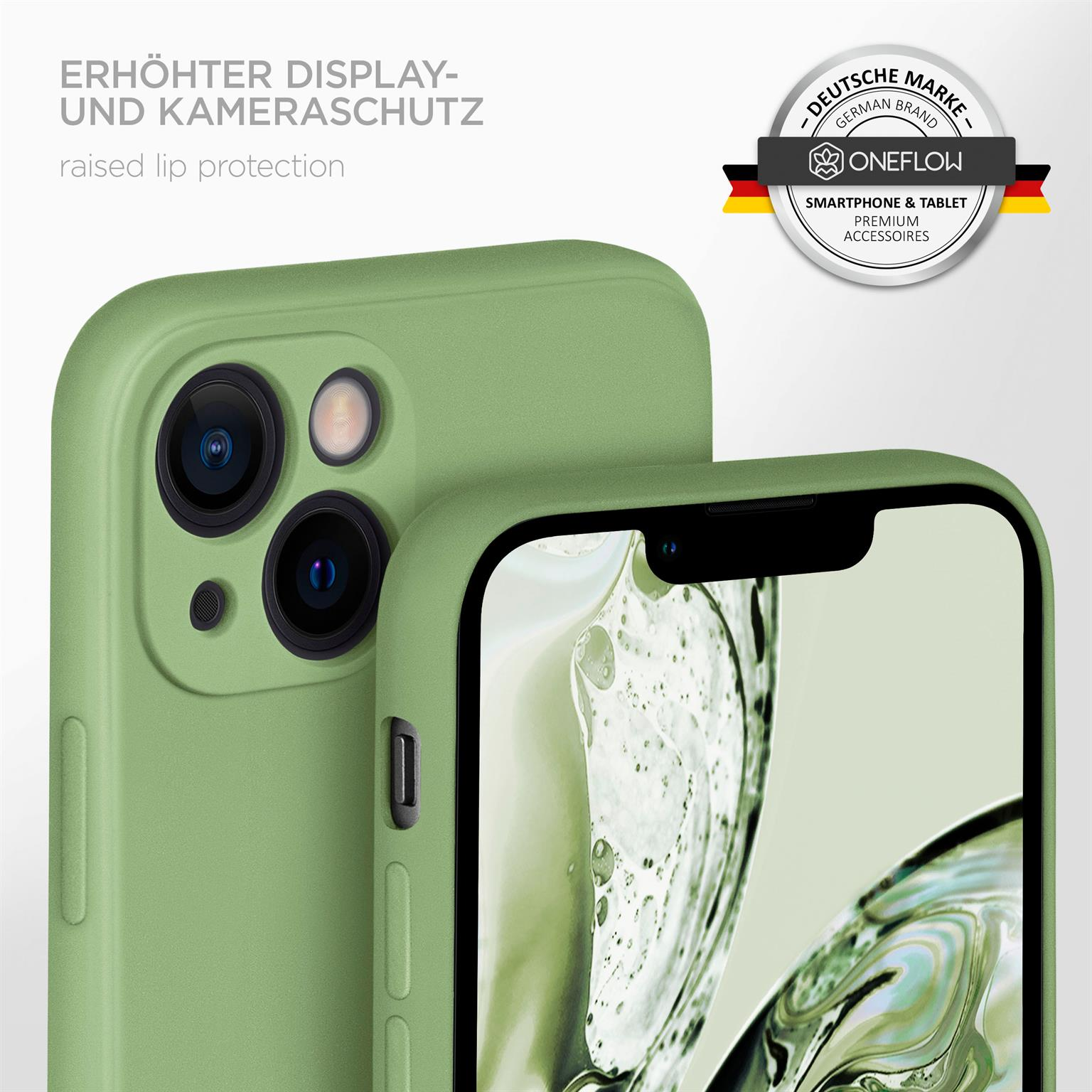 Grüne Handyhülle mit erhöhten Kanten. Text: Erhöhter Lippen Schutz. Markenlogo rechts.