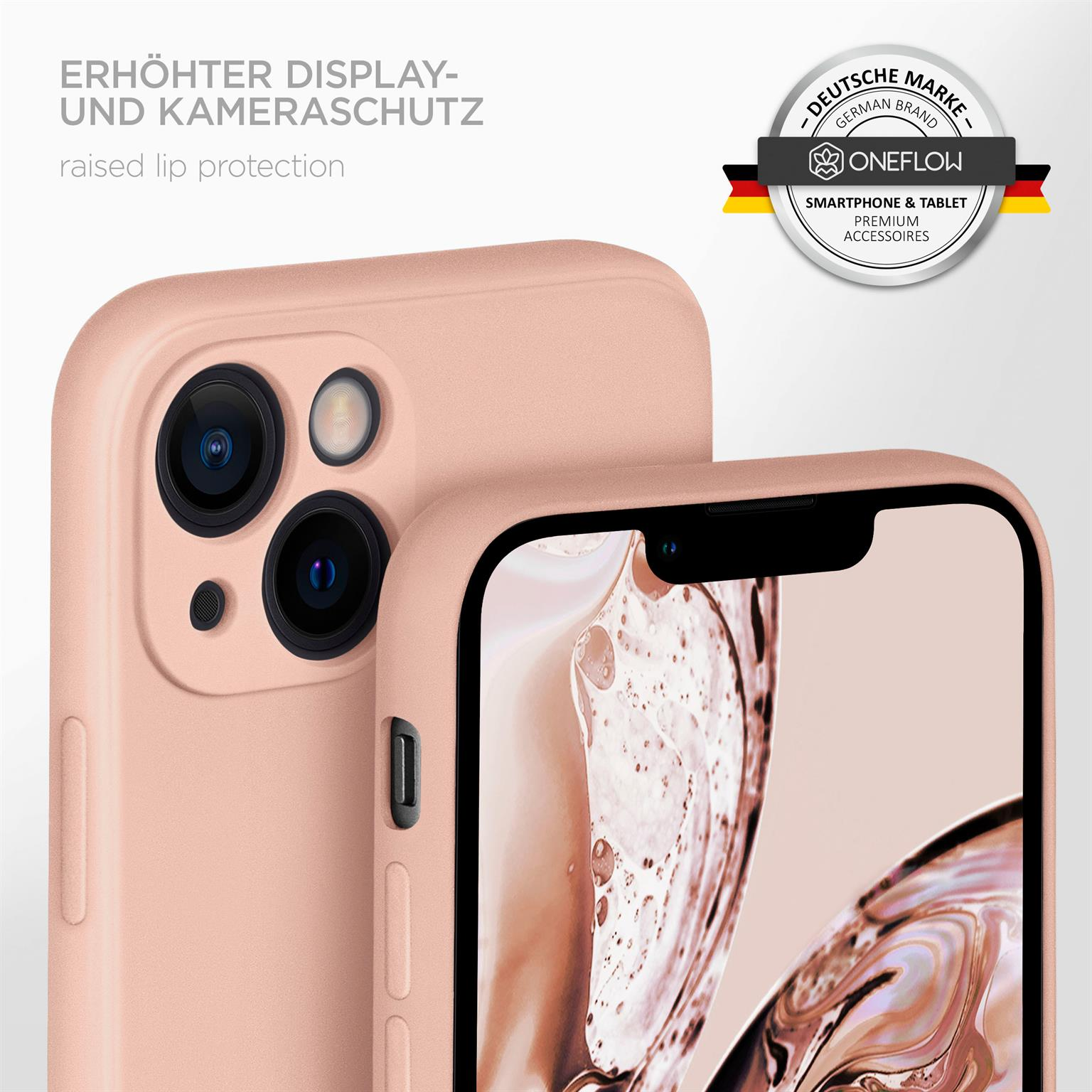 Nahaufnahme einer rosa Handyhülle mit Telefon, zeigt Kamera und Schutz der Hülle.