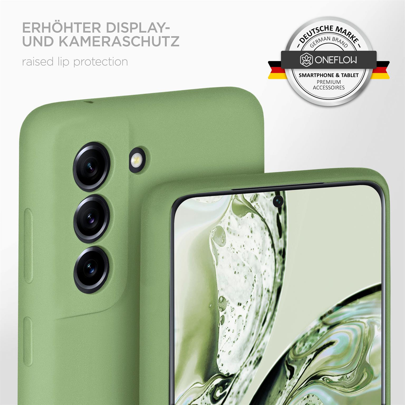 Ein Telefon in einer grünen Hülle wird gezeigt. Text: erhöhter Lippenschutz.