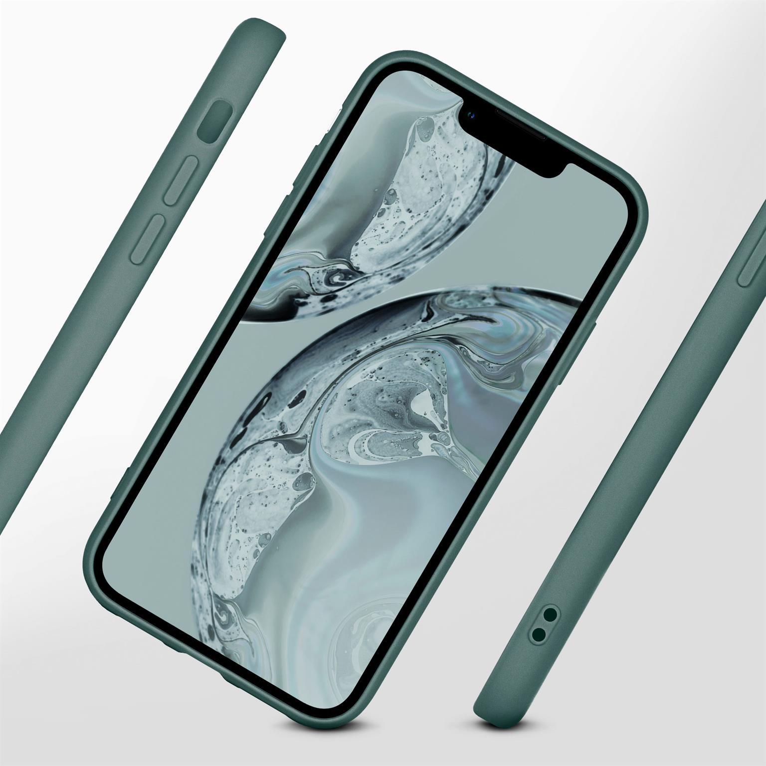 Grüne Handyhülle mit Handy. Drei Seiten der Hülle sind auf weißem Hintergrund sichtbar.