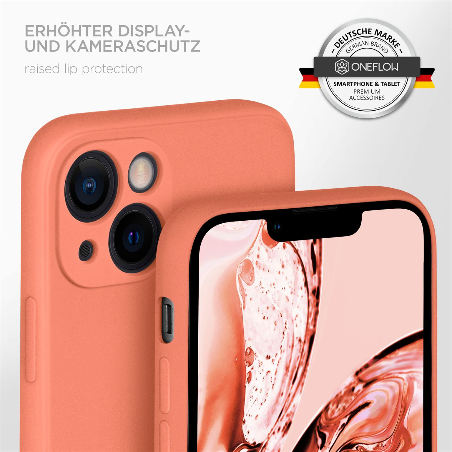 Nahaufnahme einer Handyhülle, orange-korallefarben. Text: Erhöhter Lippenschutz. Logo rechts oben.