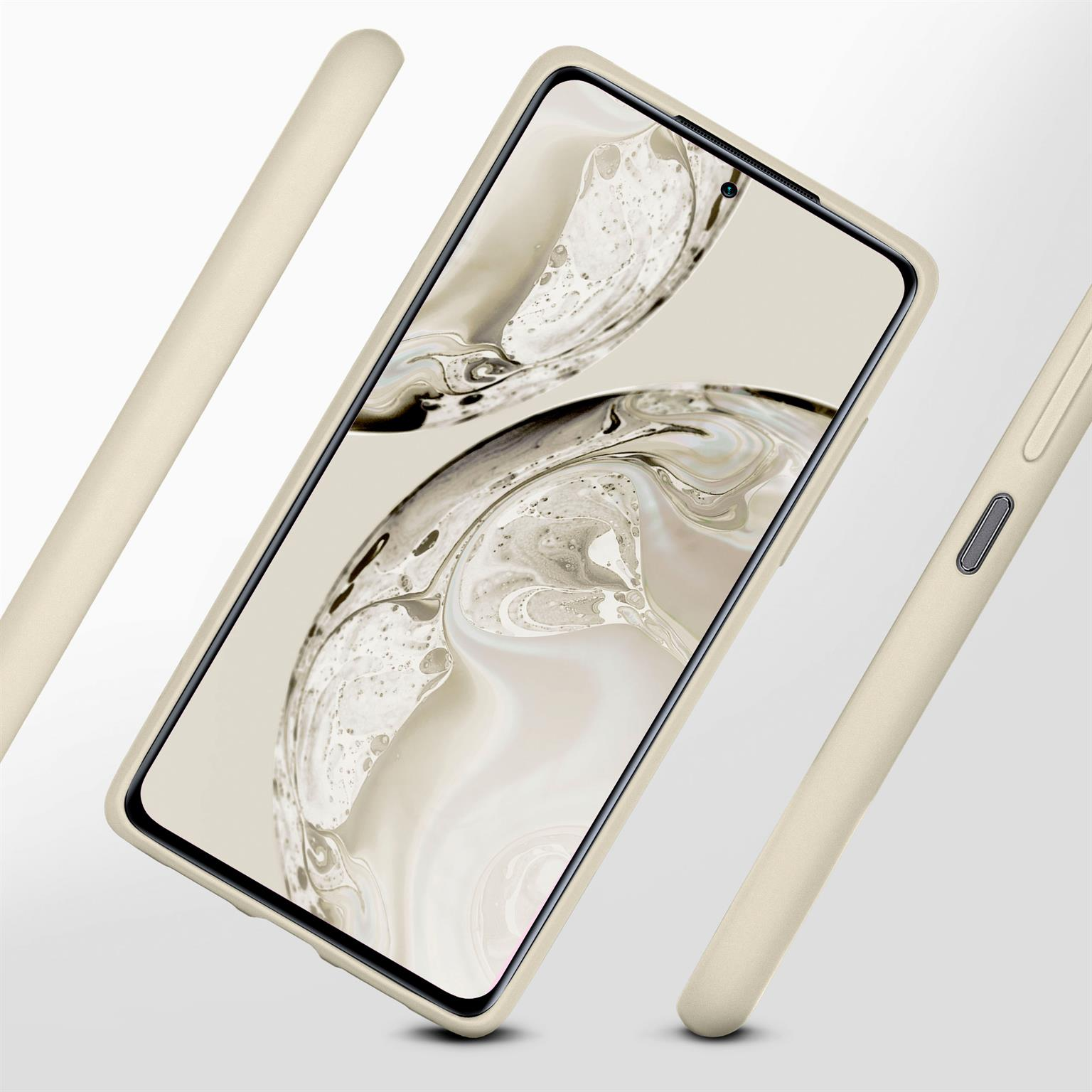 Handyhülle mit Telefon im Inneren und zwei weiteren Gehäuseteilen an der Seite. Beige Farbe.