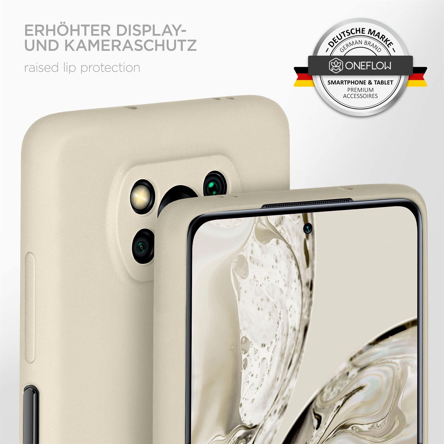 Beige Handyhülle mit erhöhtem Displayschutz. Kameraausschnitt sichtbar.