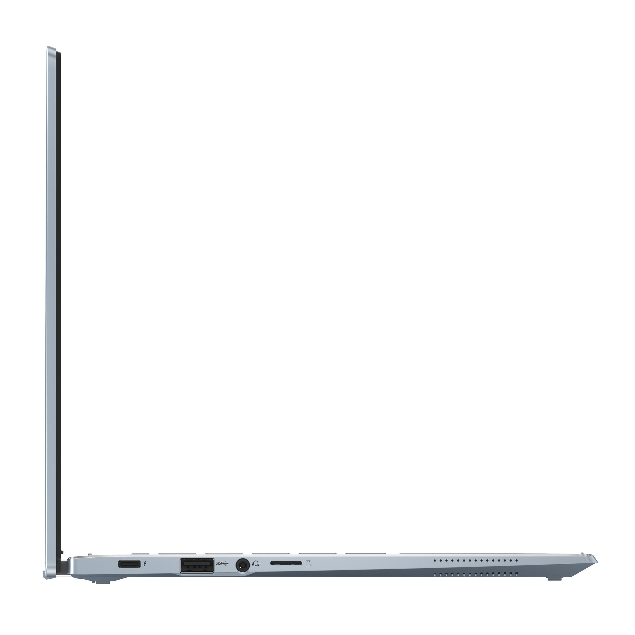 Seitenansicht eines schlanken, hellblauen Laptops auf weißem Hintergrund. Der Laptop ist geschlossen.