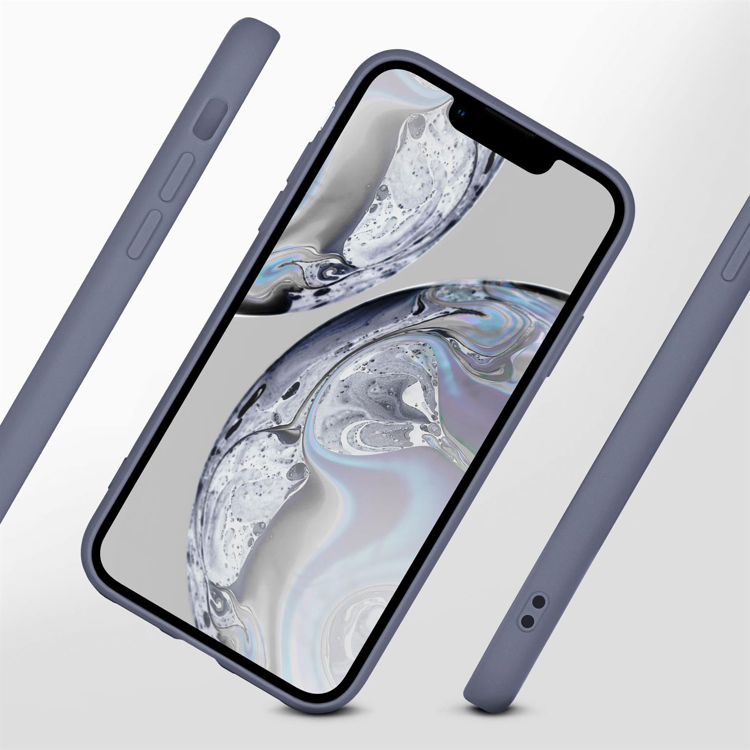 Blaue Handyhülle mit Telefon. Drei Teile. Telefonbildschirm sichtbar. Grauer Hintergrund.