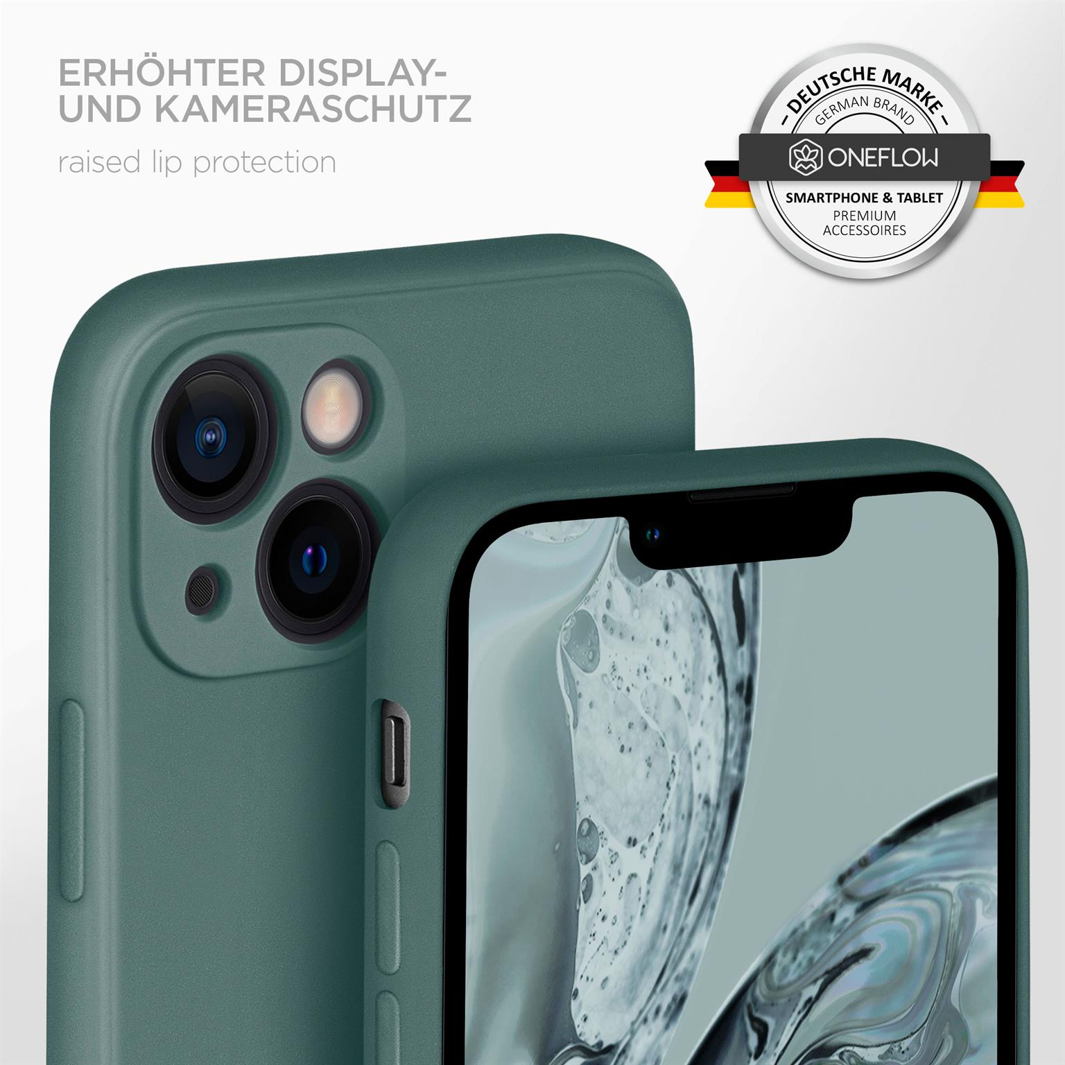 Grüne Handyhülle mit Telefon im Inneren. Erhöhter Lippenschutz und Markenlogo sichtbar.