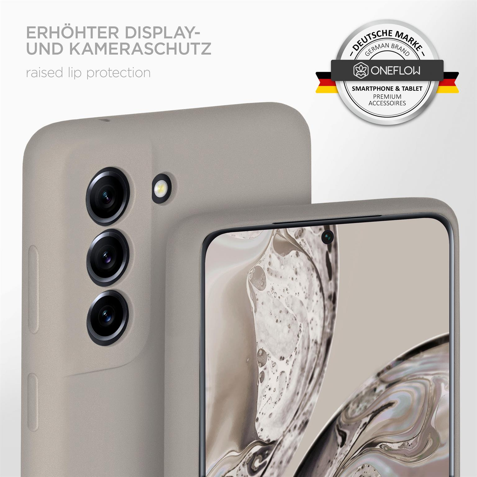 Graue Handyhülle, die ein Telefon schützt. Text: 'Erhöhter Display- und Kameraschutz' und Logo.