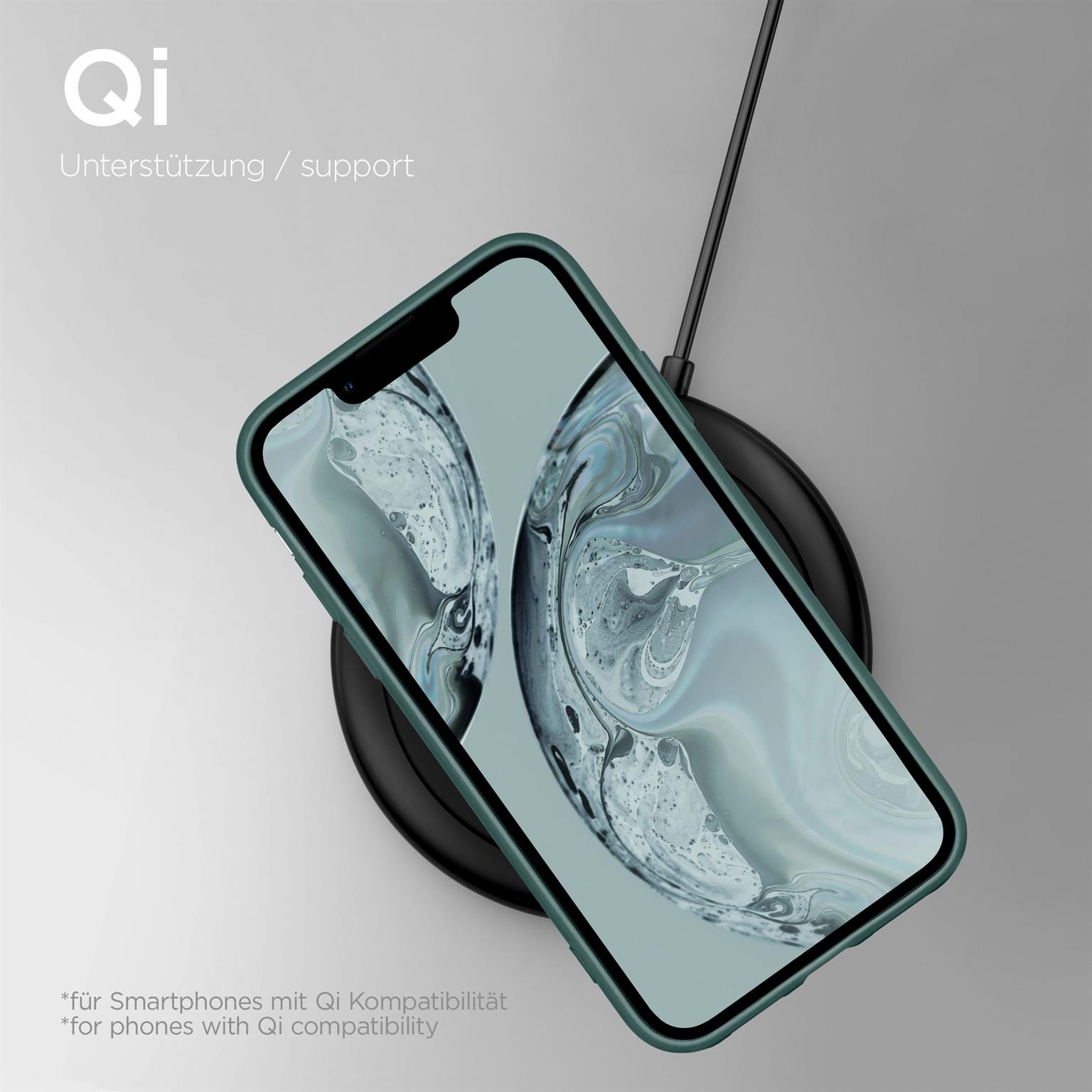 Eine grüne Handyhülle auf einem schwarzen kabellosen Ladegerät mit einem Telefon darauf.