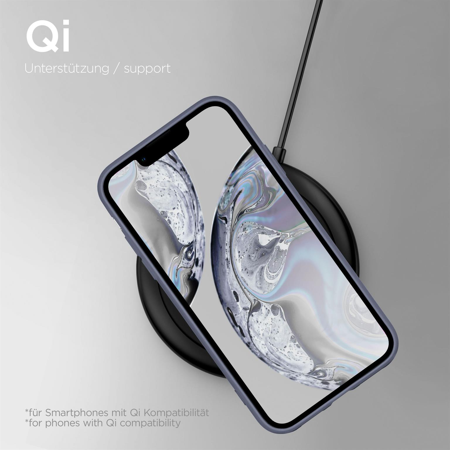 Telefon in blauem Gehäuse auf kabellosem Ladegerät, mit Text 'Qi Support'.