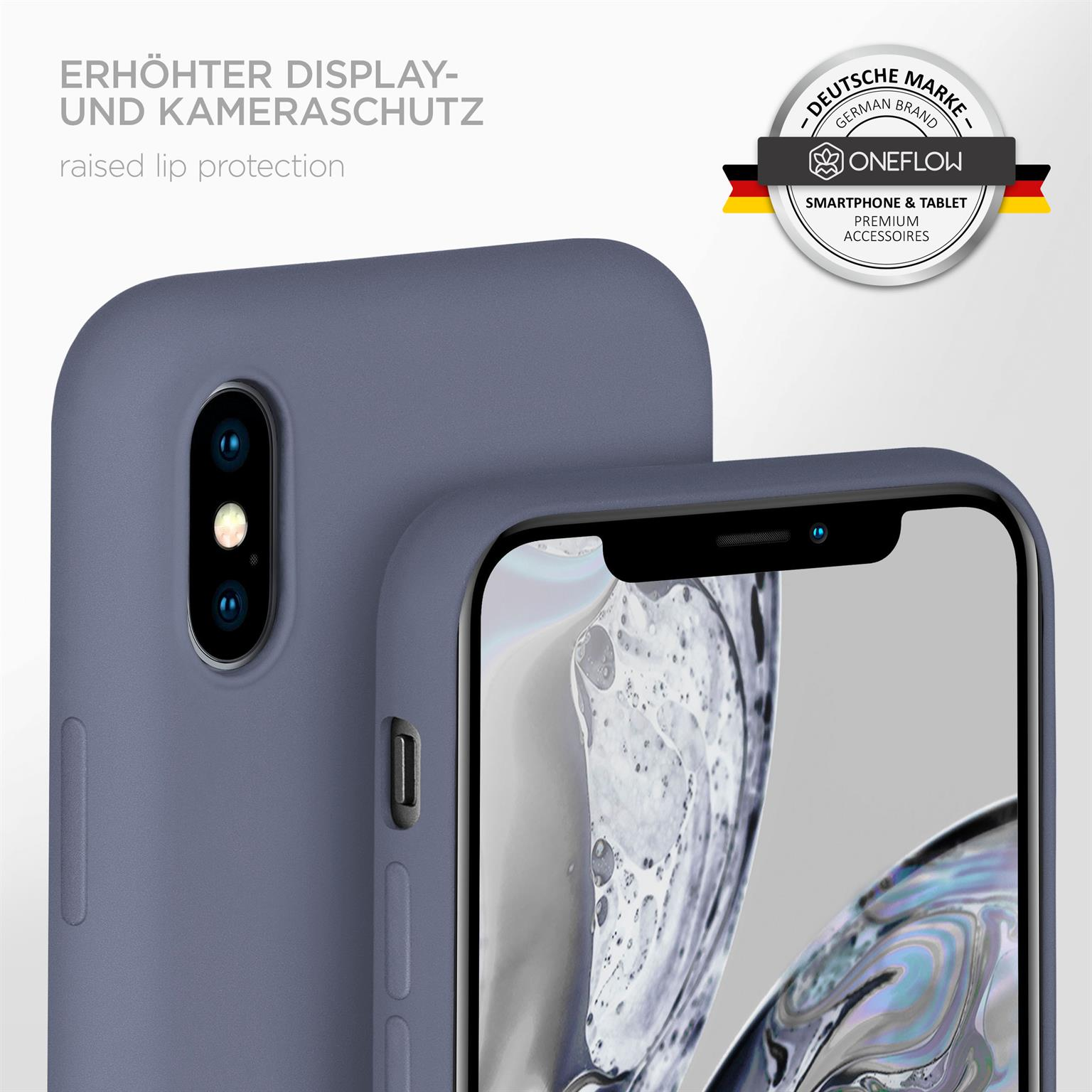 Lila Handyhülle, Nahaufnahme. Telefonkameras sichtbar. Erhöhter Lippenschutz. Oneflow-Logo.