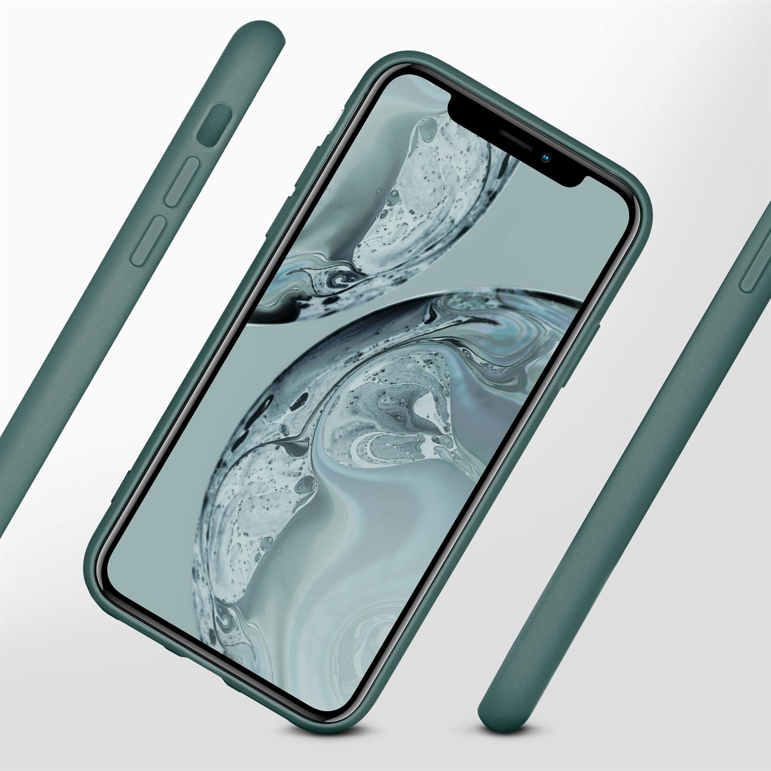 Grünes Telefon in einer grünen Hülle. Zwei weitere Hüllenteile im Hintergrund.
