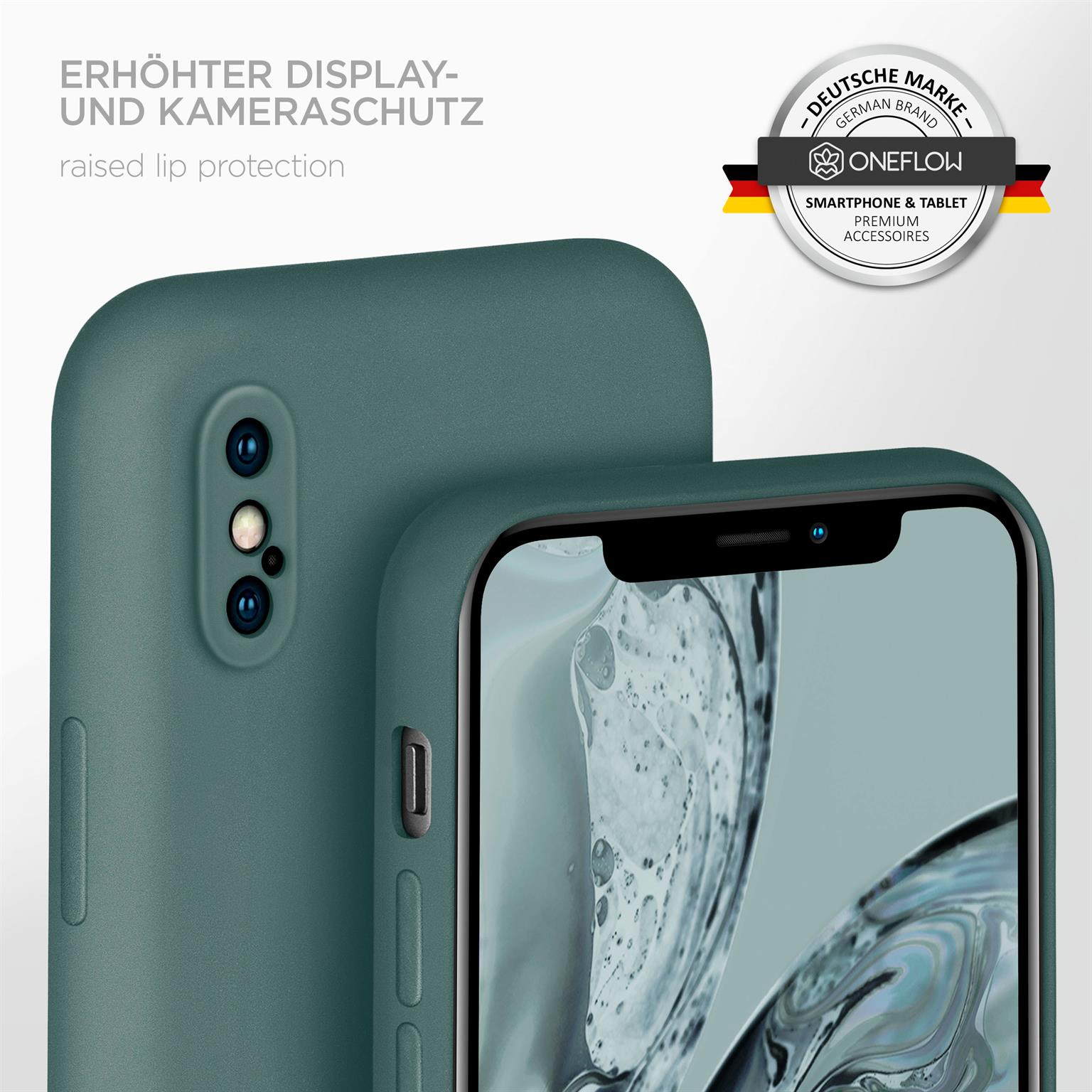 Grüne Handyhülle mit Kamera, Telefon teilweise sichtbar. Erhöhter Lippenschutz auf der Hülle.