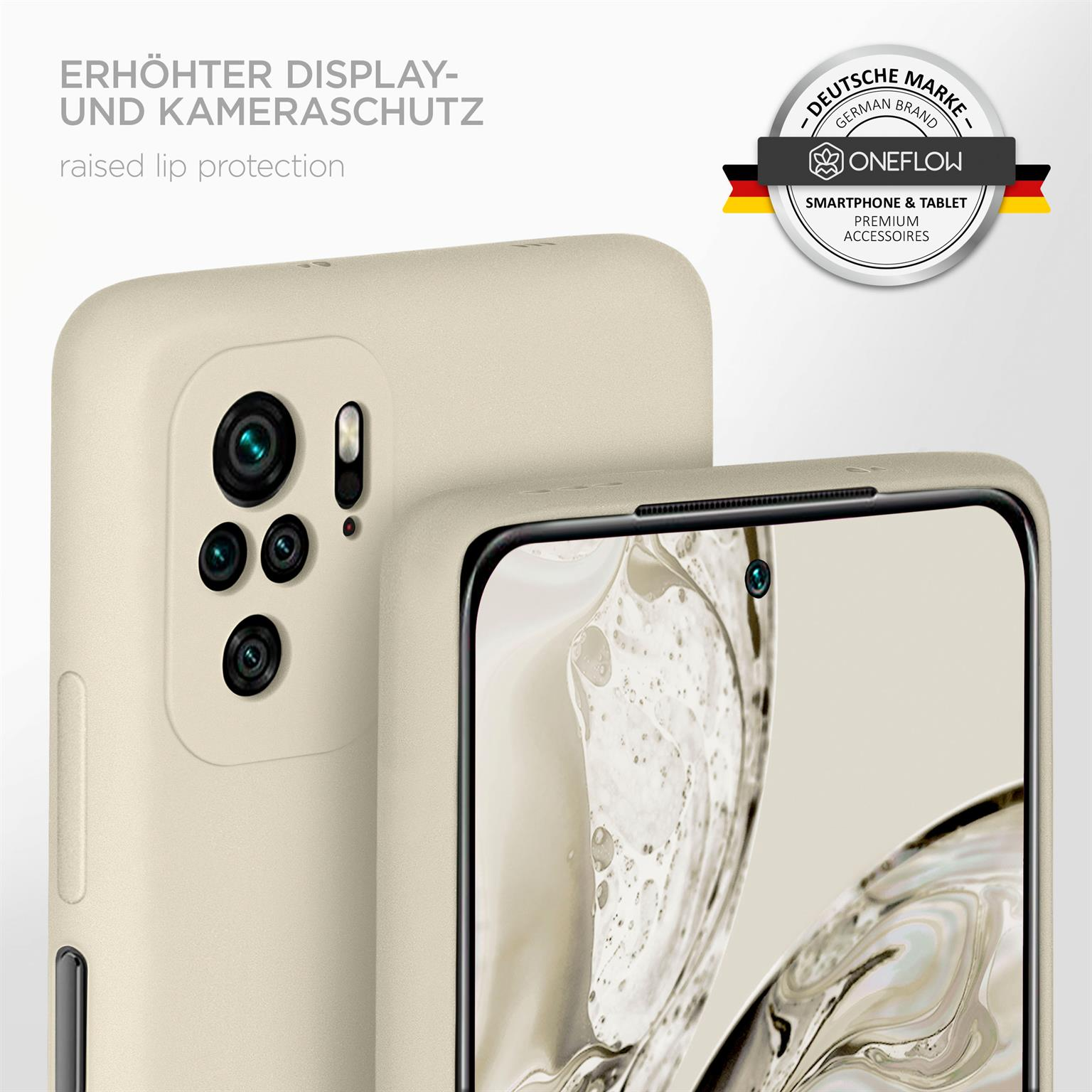 Eine beige Handyhülle mit einem Telefon darin. Die Hülle bedeckt das Telefon.