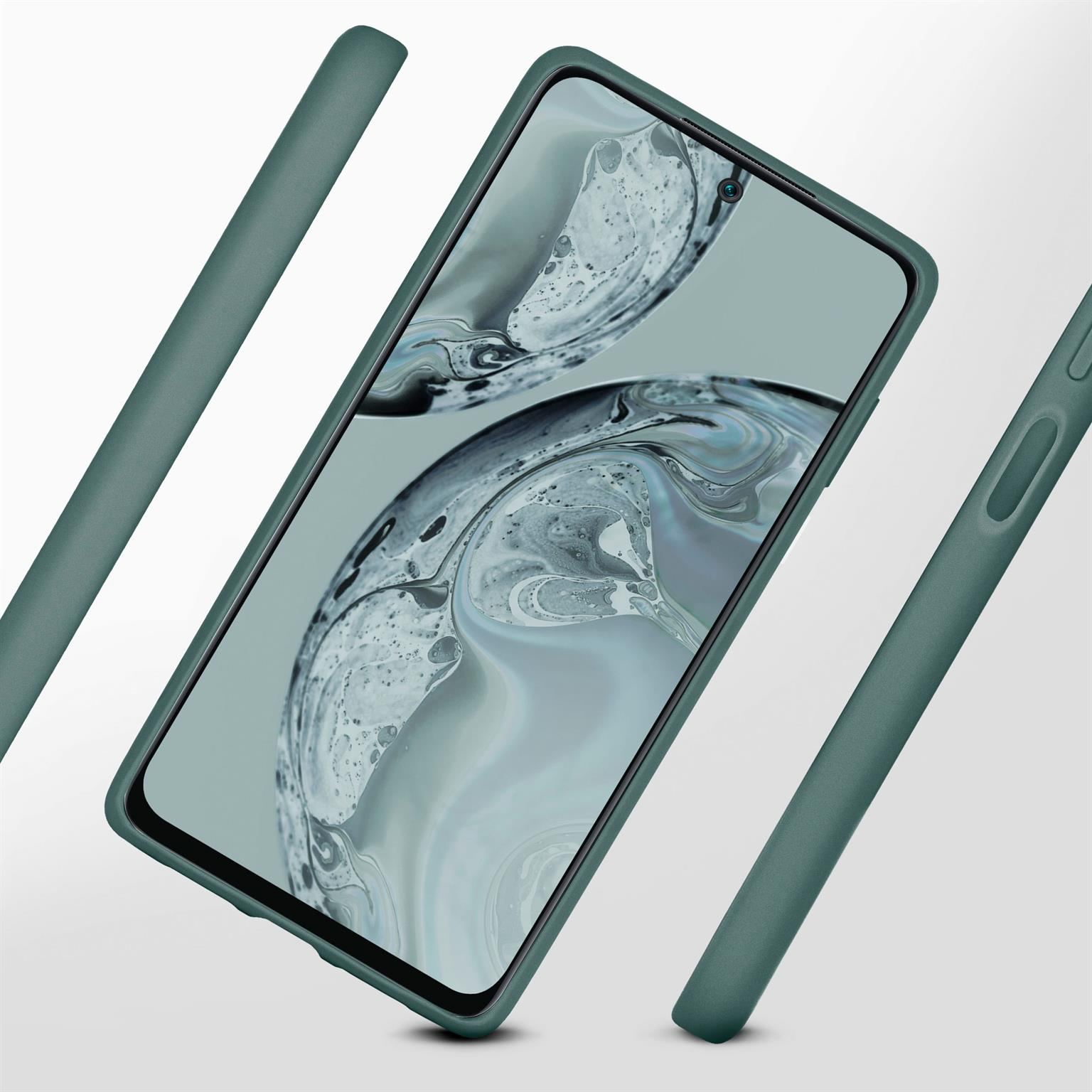 Grüne Handyhülle mit Telefon. Drei Hüllenteile schweben.