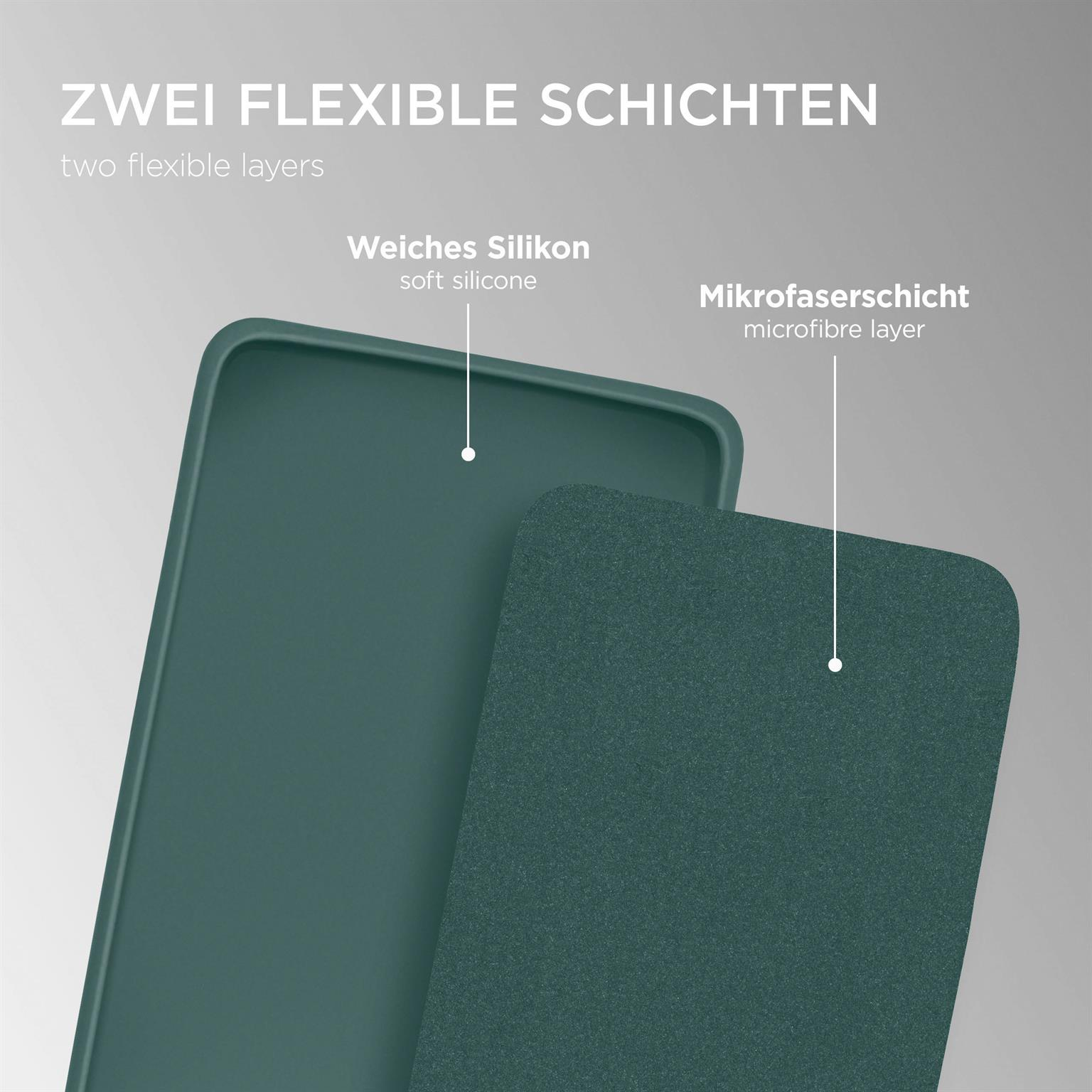 Zwei flexible Schichten aus Handyhüllenmaterial, eine teal, eine strukturiert. Nahaufnahme.