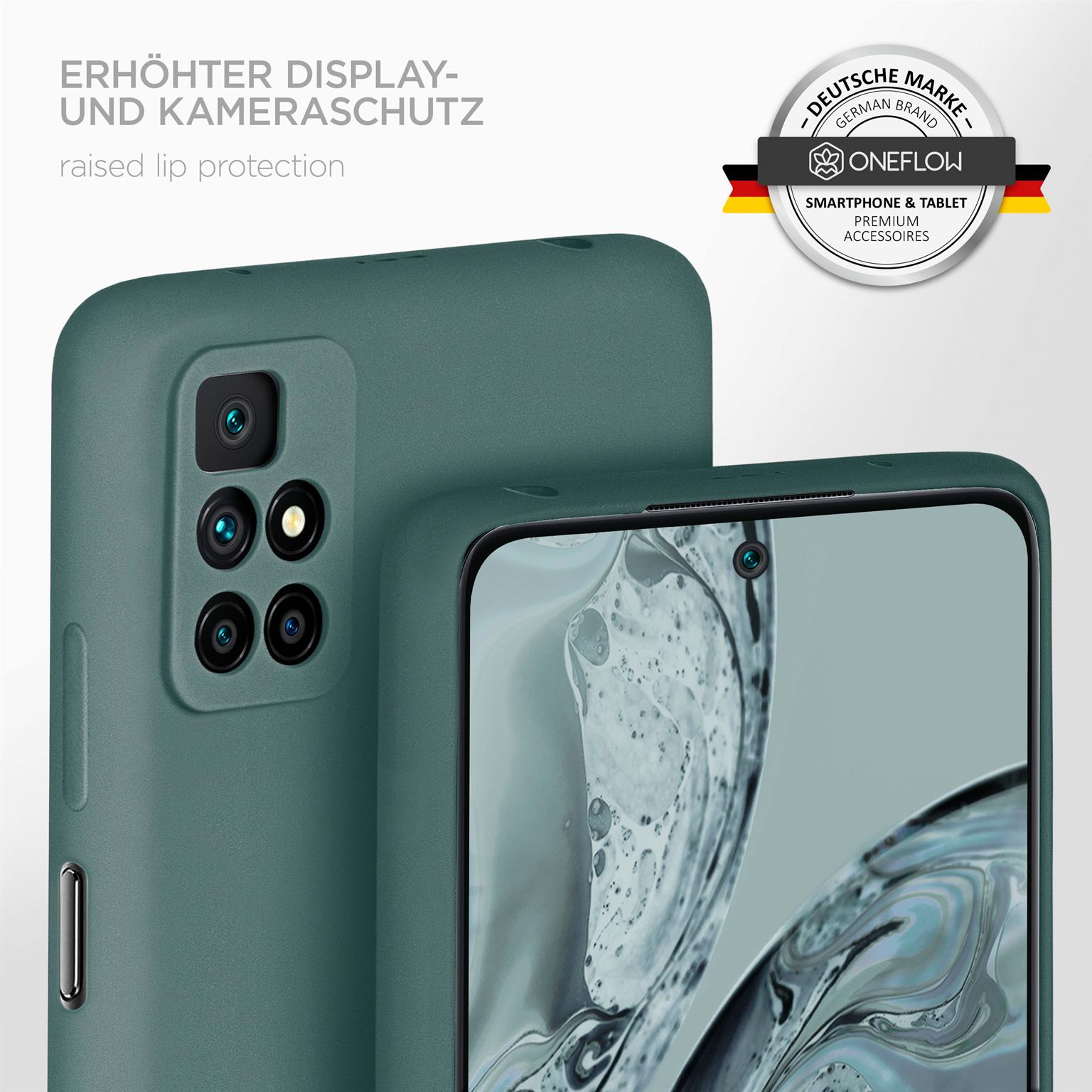 Grüne Handyhülle. Das Telefon zeigt einen Bildschirm. Text: Erhöhter Display- und Kameraschutz.