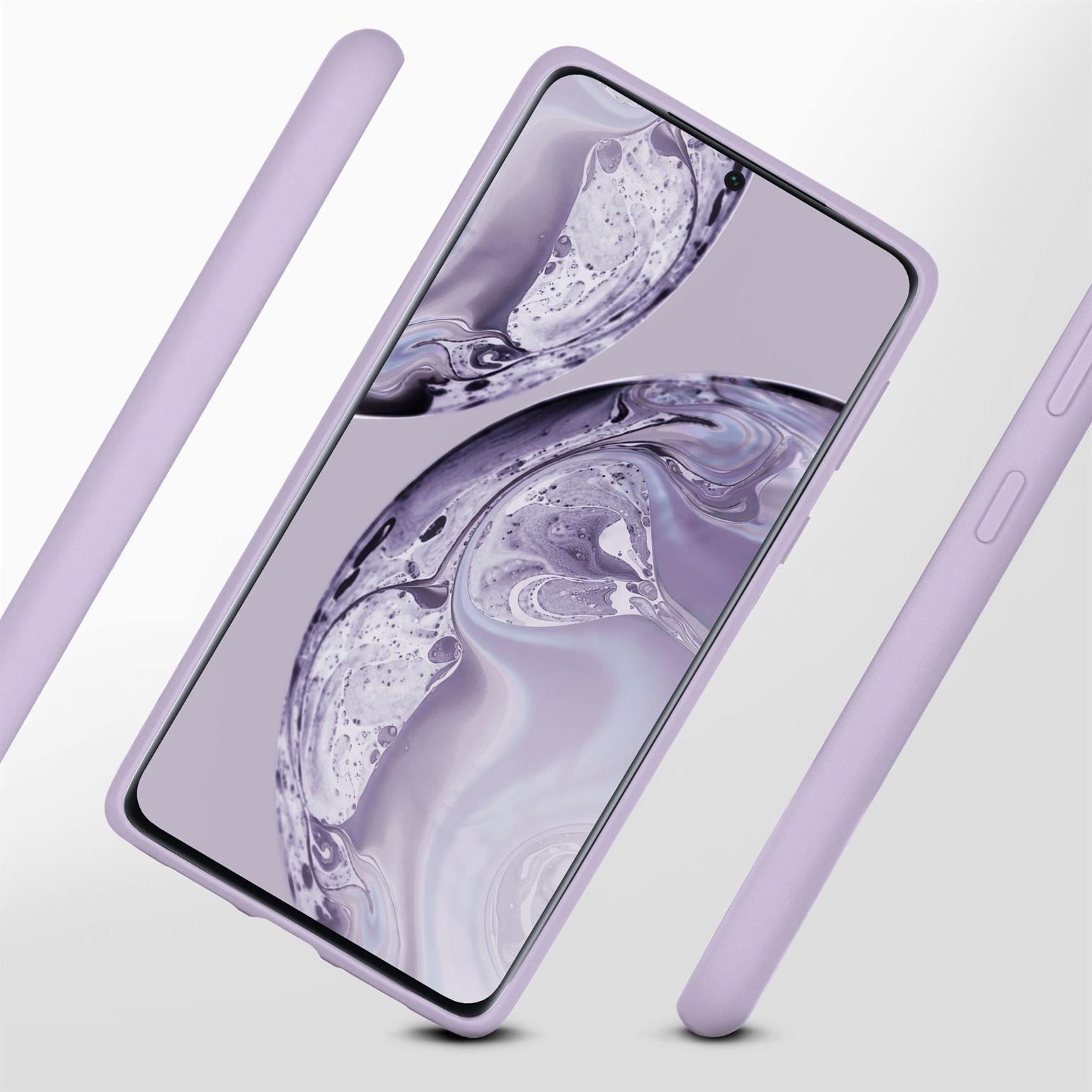 Lila Telefon mit lila Hülle auf lila Hintergrund. Eine Hülle ist abgelöst und schwebt.