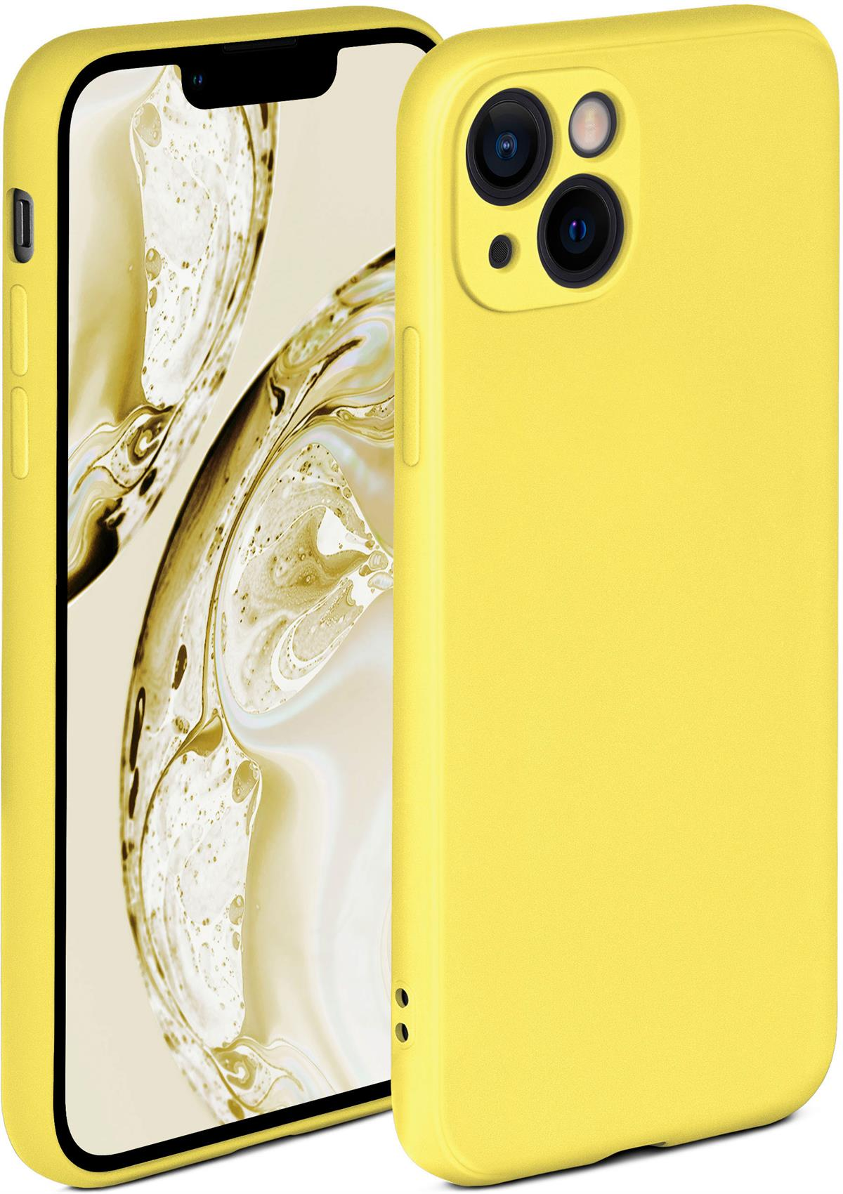 Gelbes Telefon mit passender Hülle. Das Telefon hat mehrere Kameras.