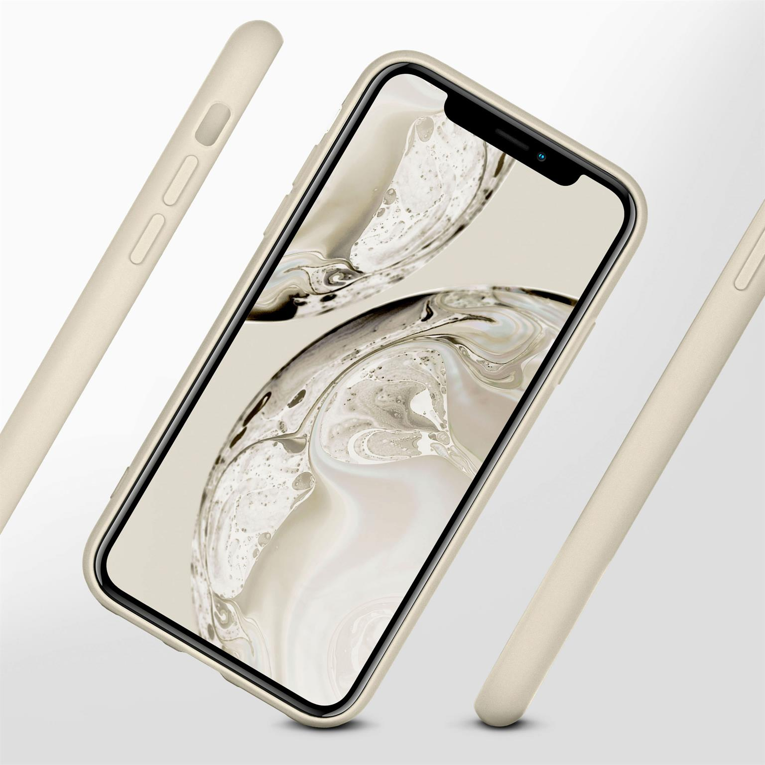 Telefon in beiger Hülle, zeigt den Bildschirm und das Design der Hülle.