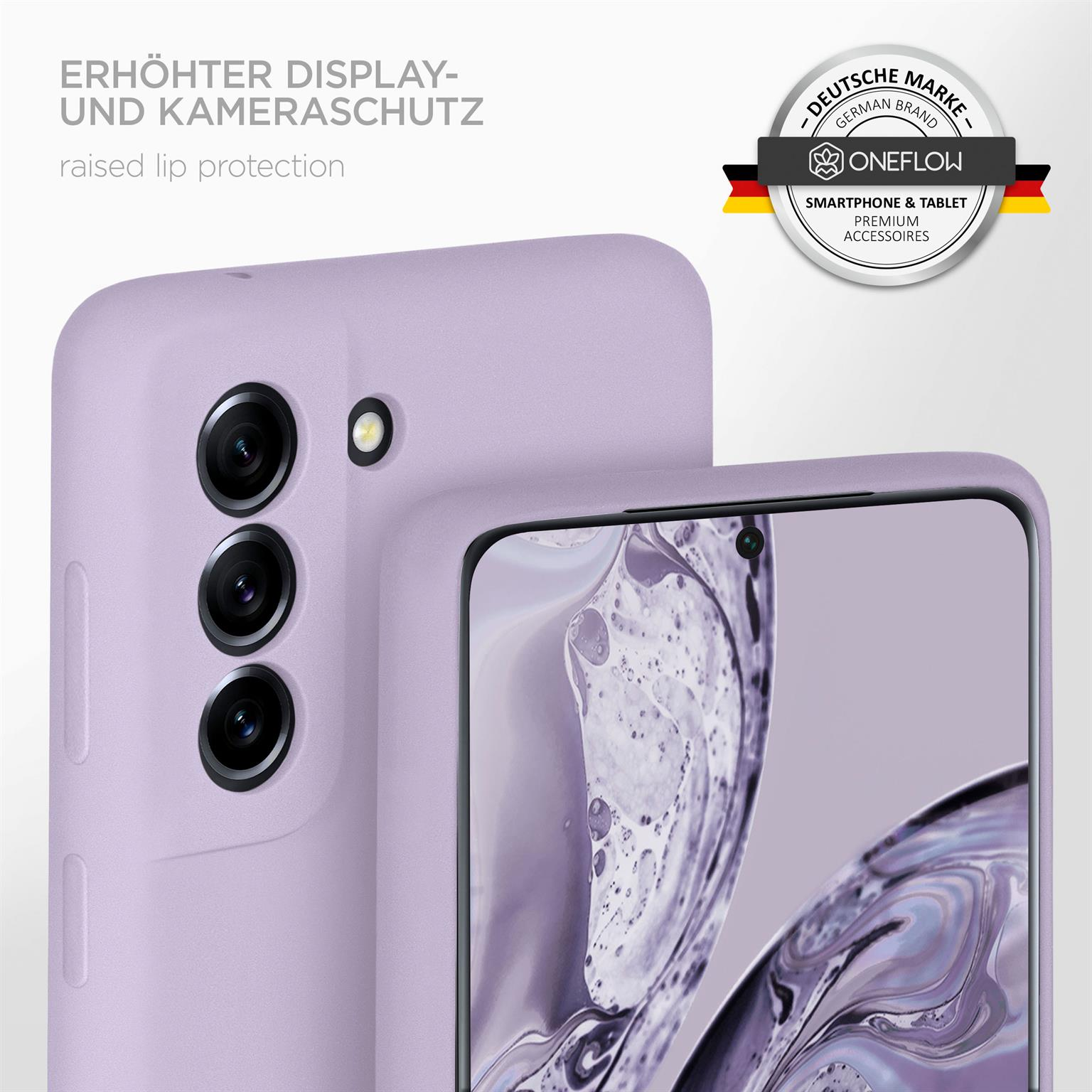 Zwei lilafarbene Handyhüllen. Text: Erhöhter Display- und Kameraschutz.