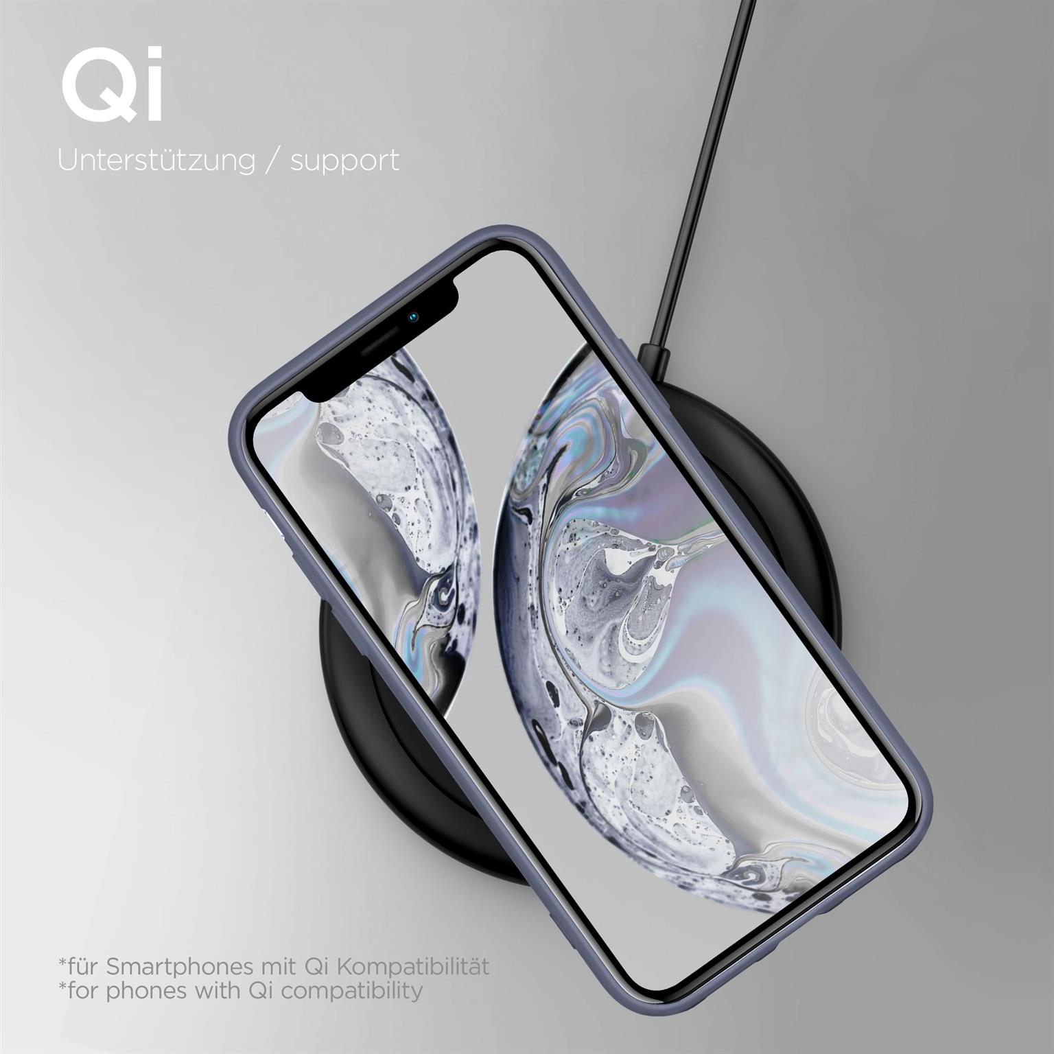 Smartphone in blauer Hülle auf kabellosem Ladegerät. Text: Qi Unterstützung.