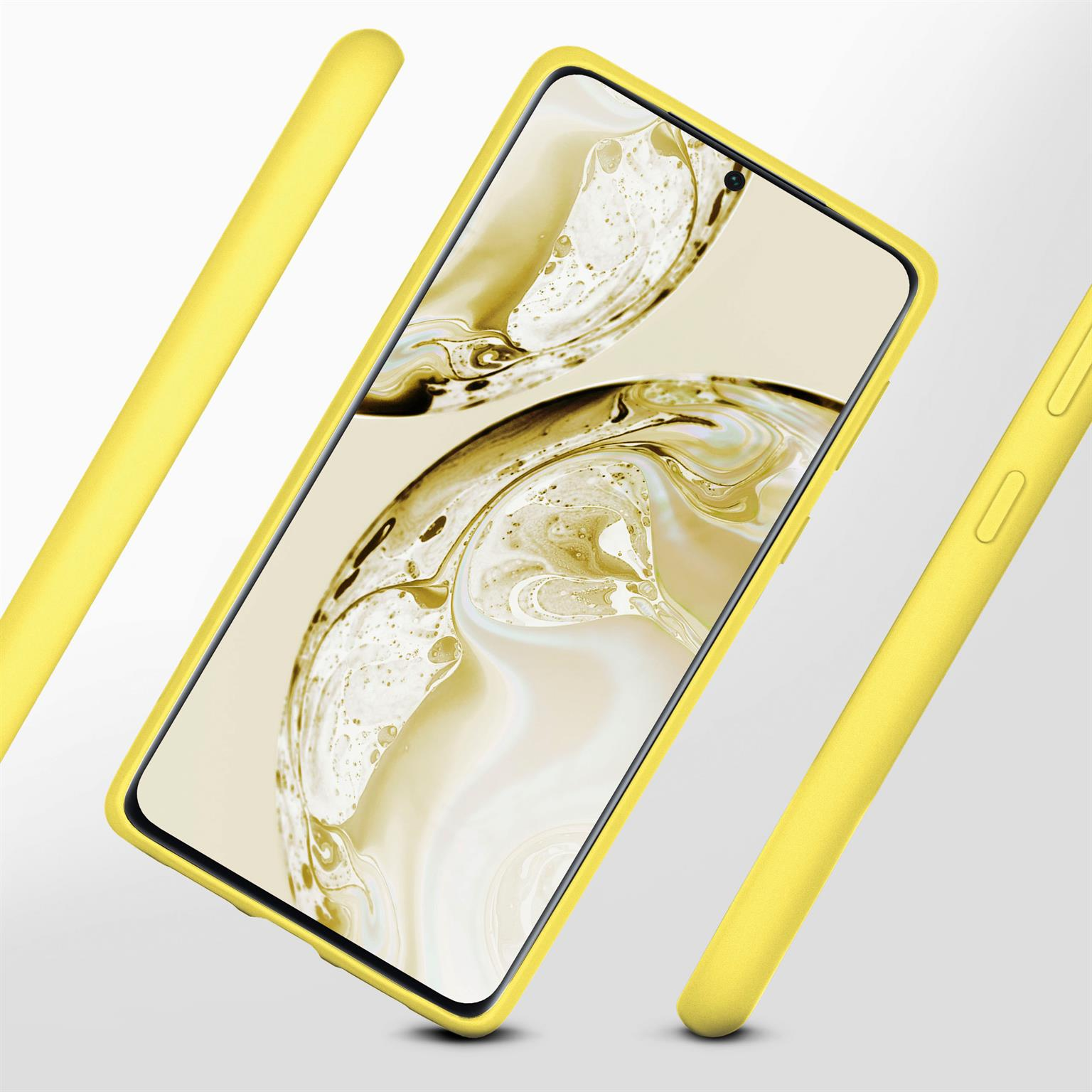 Ein gelbes Telefon mit passendem Gehäuse. Drei gelbe Hüllen umgeben das Telefon.