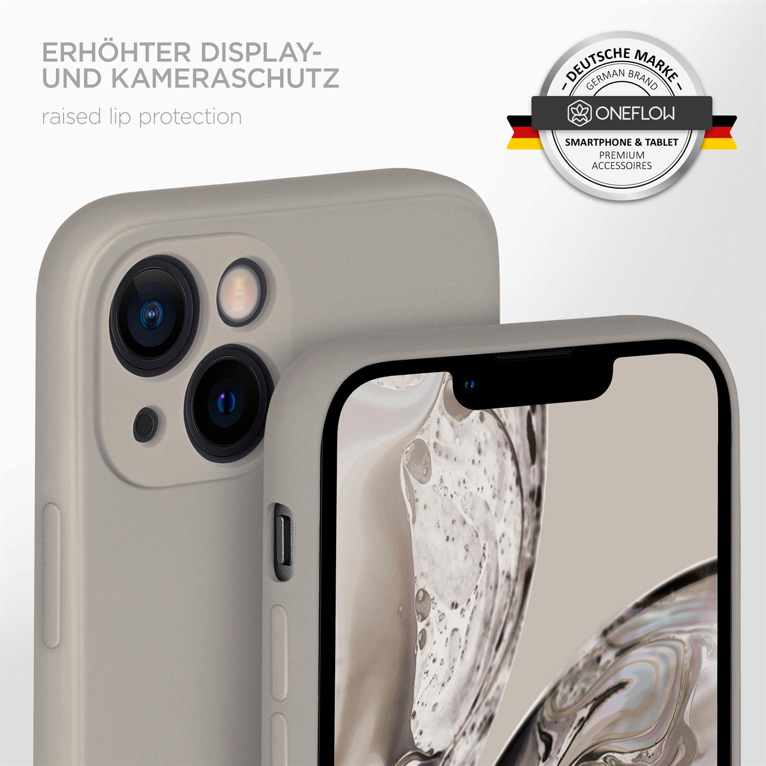 Nahaufnahme einer Handyhülle mit einem Telefon. Es ist beige. Text sagt 'erhöhter Display- und Kameraschutz'.