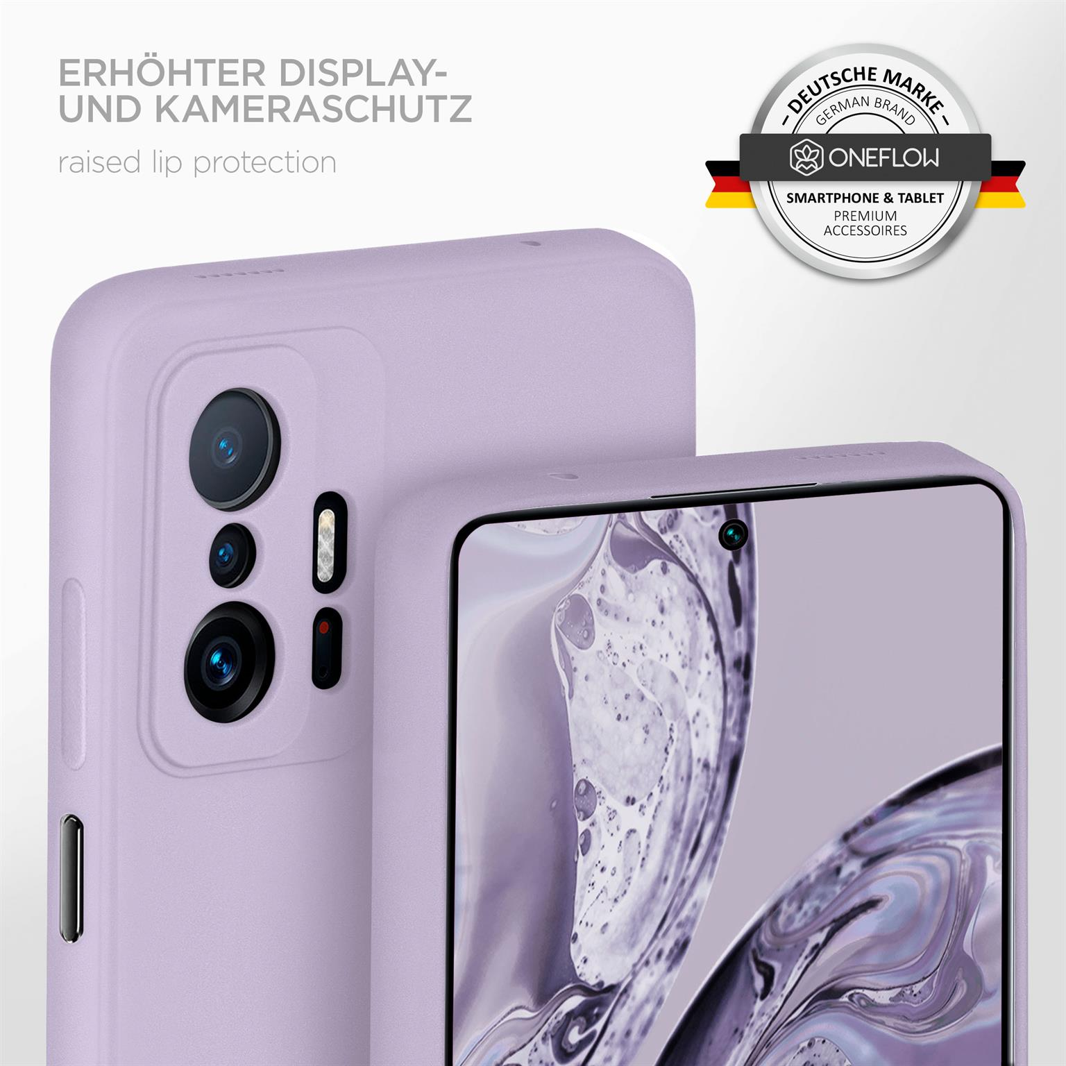 Nahaufnahme einer lila Handyhülle mit einem Telefon. Die Hülle hat einen erhöhten Kameraschutz.