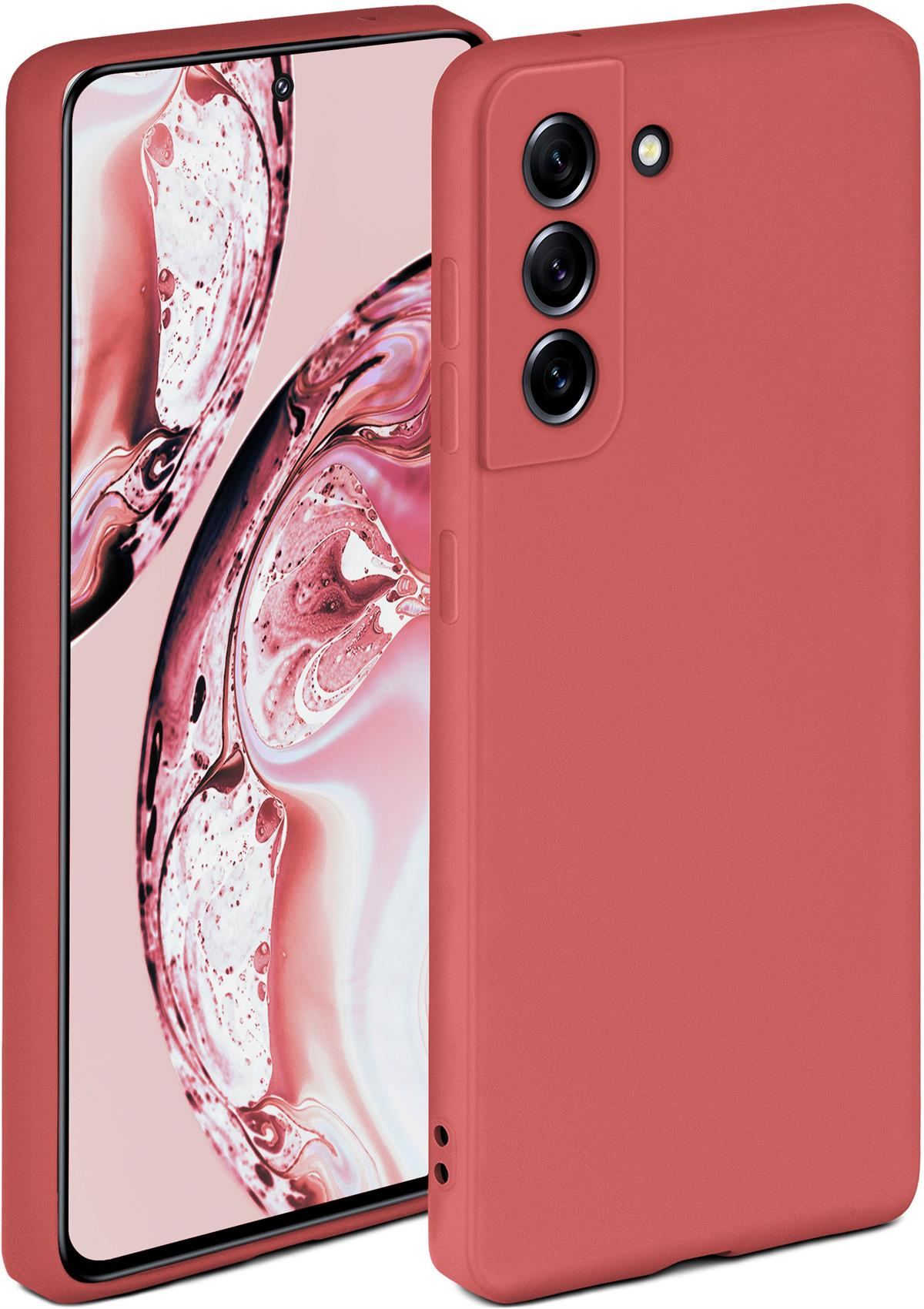 Rote Handyhülle mit Telefon. Rosa und weißer Hintergrund.