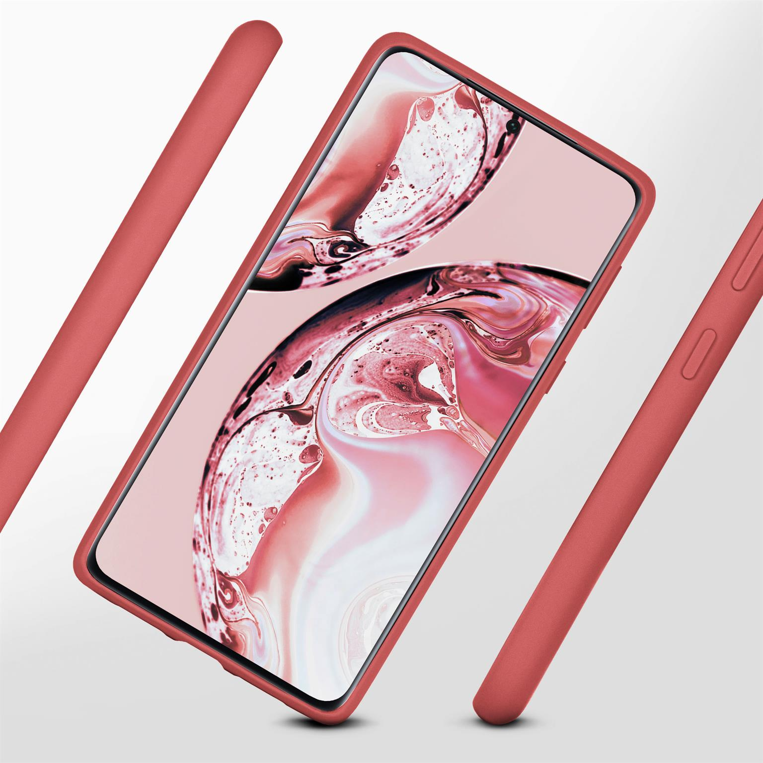 Handyhülle mit Telefon im Inneren und zwei weiteren Gehäuseteilen an der Seite. Rote Farbe.