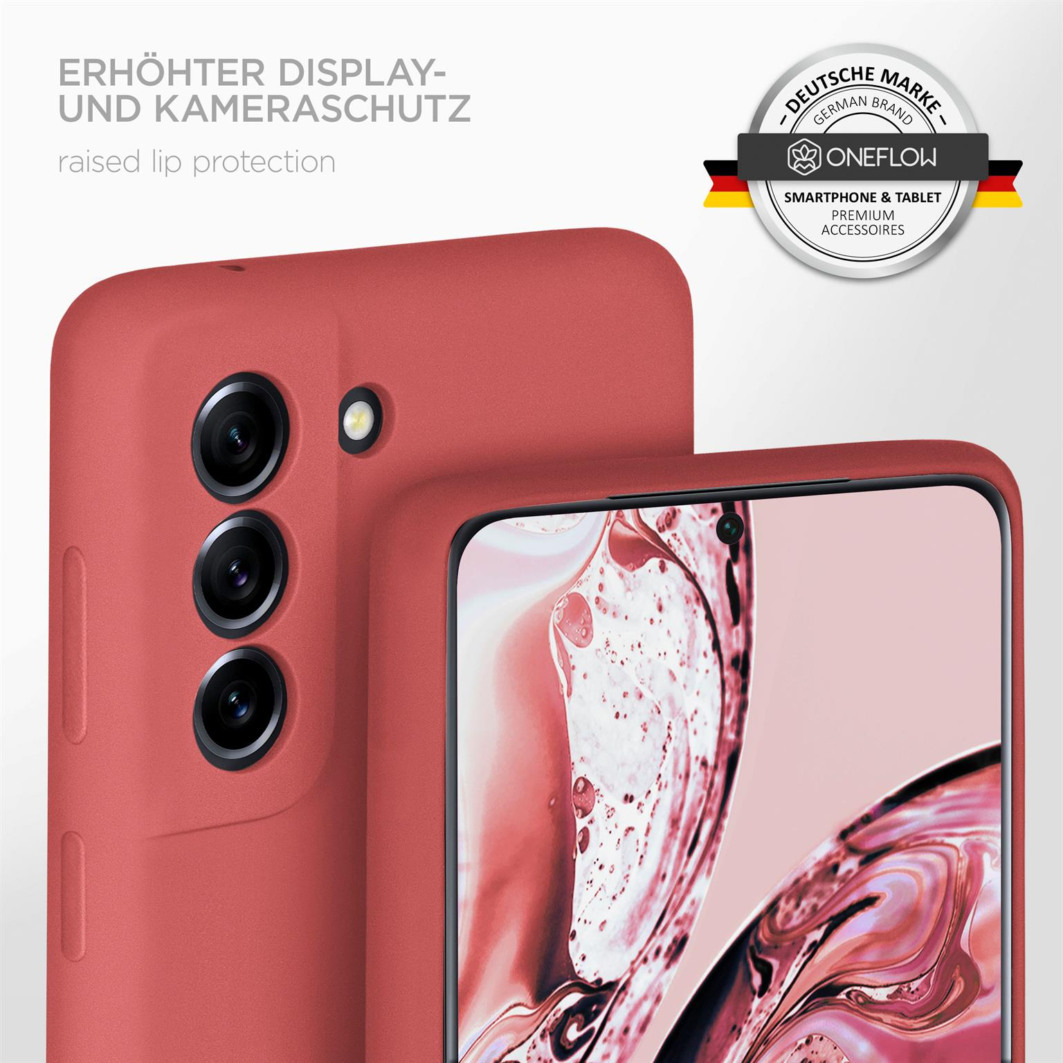 Rote Handyhülle und Telefon, erhöhter Kameraschutz. Weißer Hintergrund.