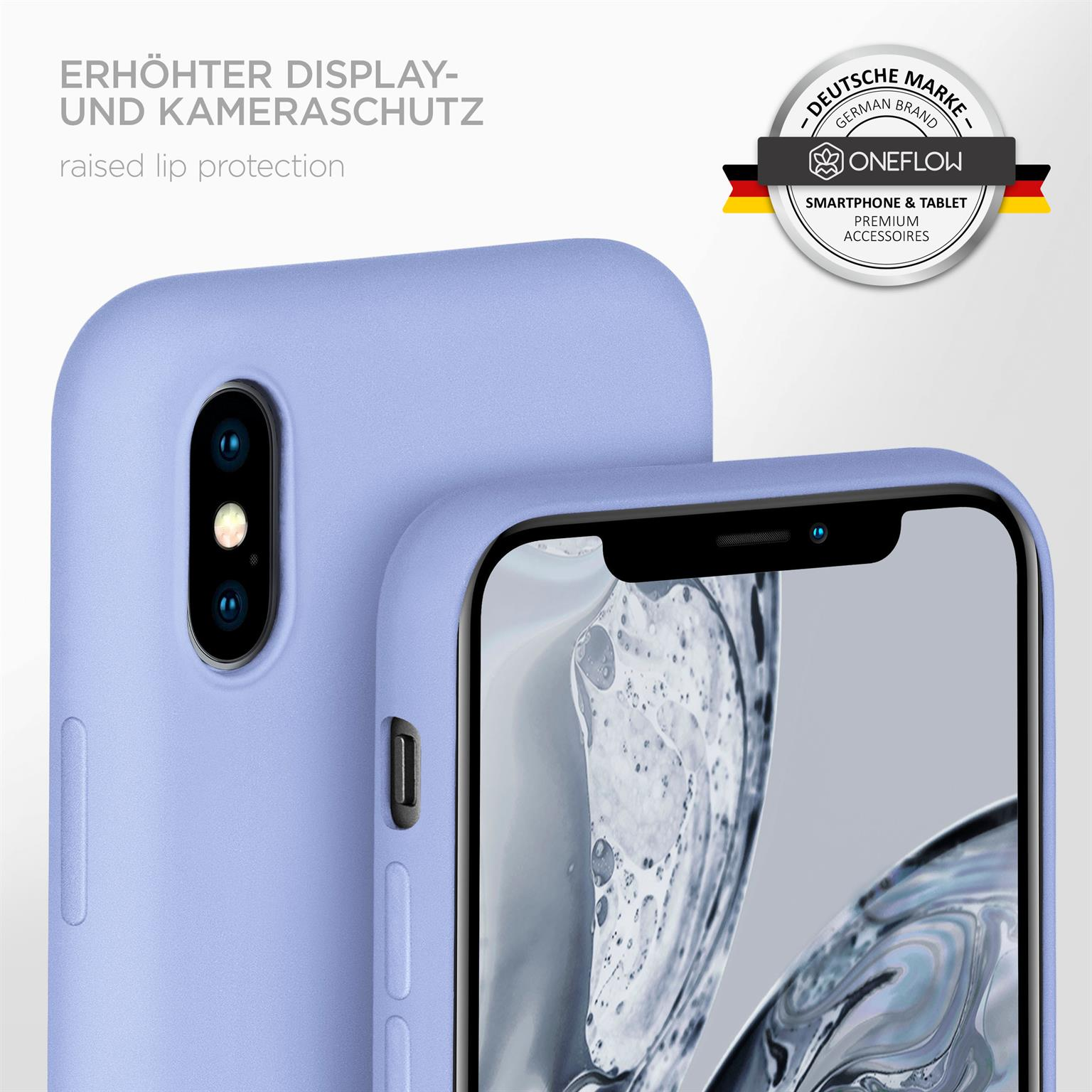 Eine hellviolette Handyhülle auf weißem Hintergrund. Die Handyhülle bedeckt ein Telefon mit Dualkamera.