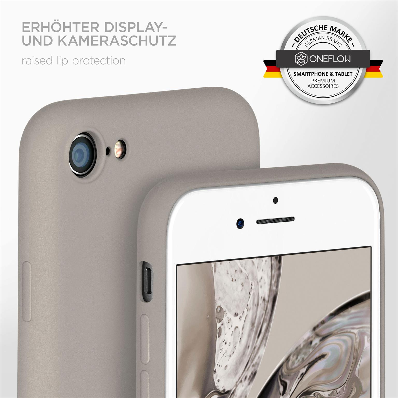 Telefon in grauer Hülle, mit erhöhtem Lippenschutz. Weißes Telefon. Oneflow-Markenlogo.