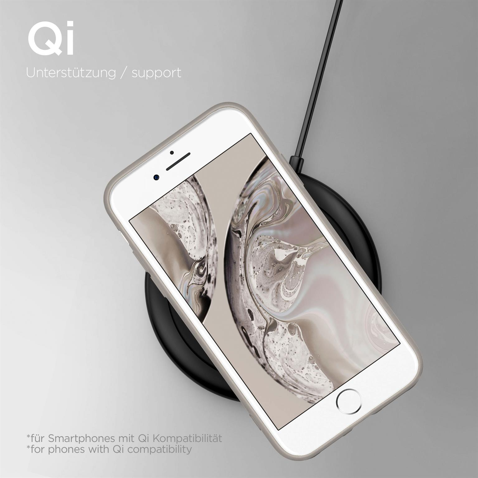 Ein Telefon in grauer Hülle liegt auf einem kabellosen Ladegerät. Text: Qi-Unterstützung.