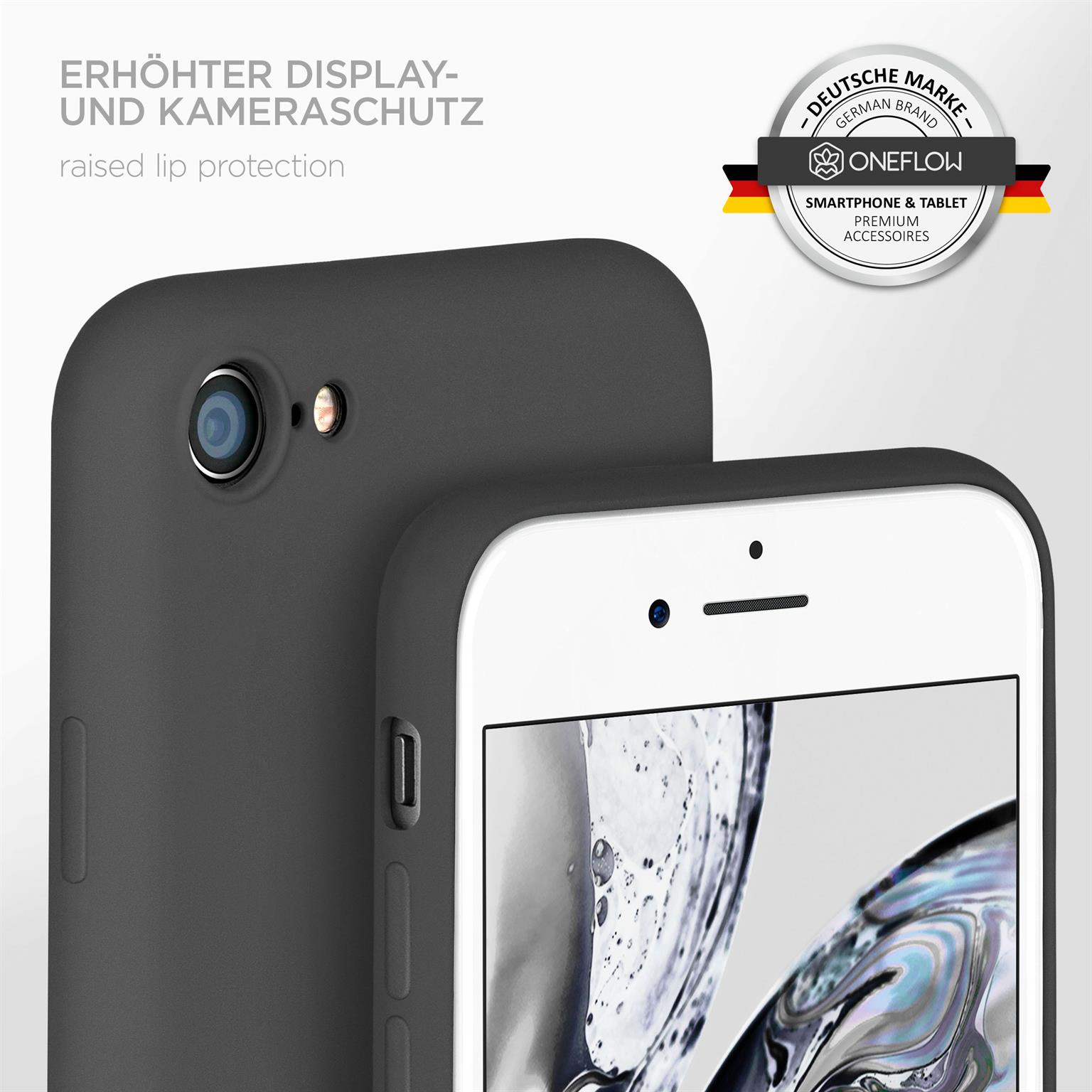Schwarze Handyhülle, die ein Telefon bedeckt. Die Hülle schützt die Kamera mit einem erhöhten Rand. Oneflow-Logo sichtbar.