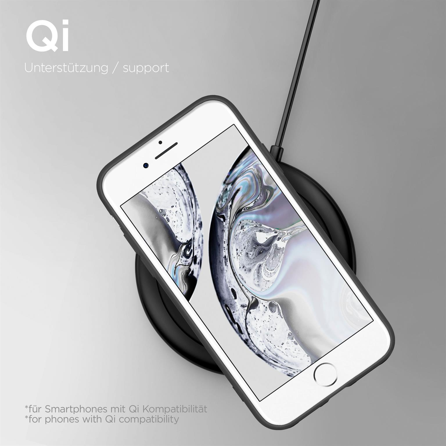 Weißes Telefon in einer Hülle auf einem kabellosen Ladegerät. Qi-Support-Text oben.
