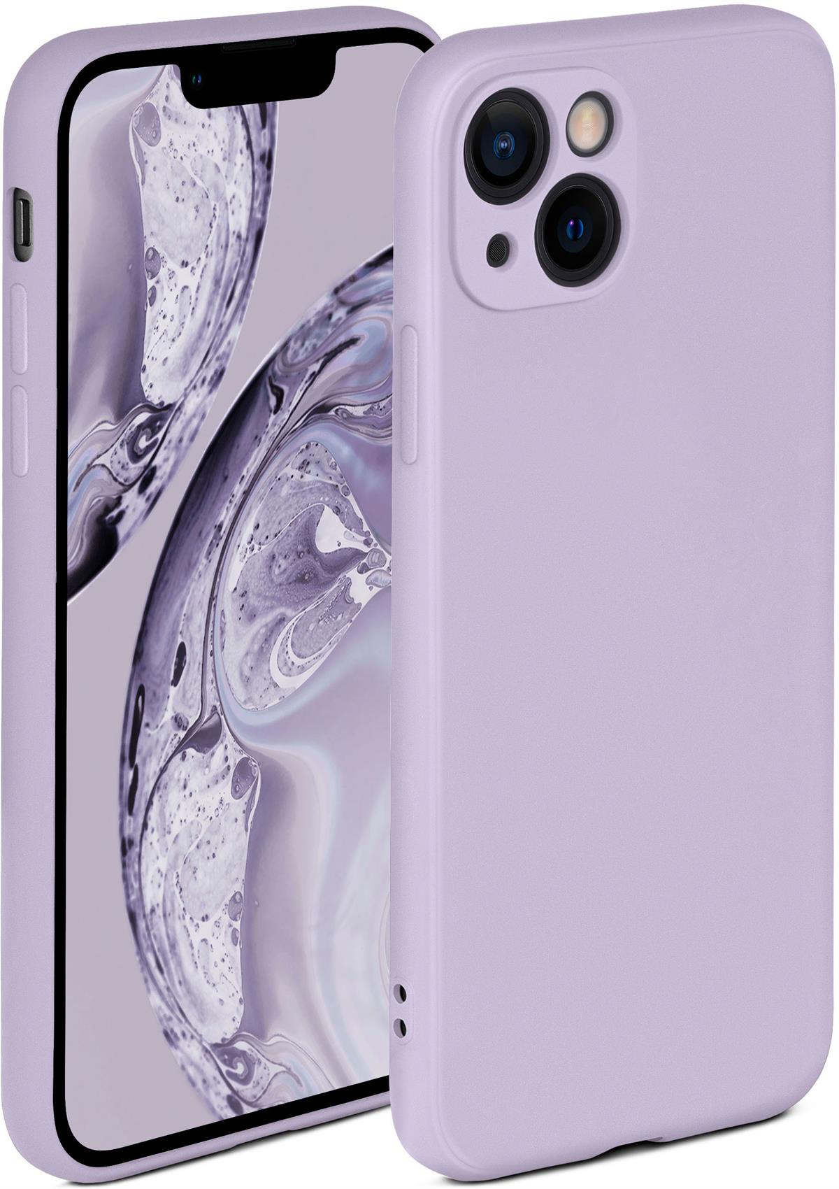 Zwei lavendelfarbene Handyhüllen. Eine zeigt einen Telefonbildschirm. Die andere ist eine solide Hülle mit Kameras.