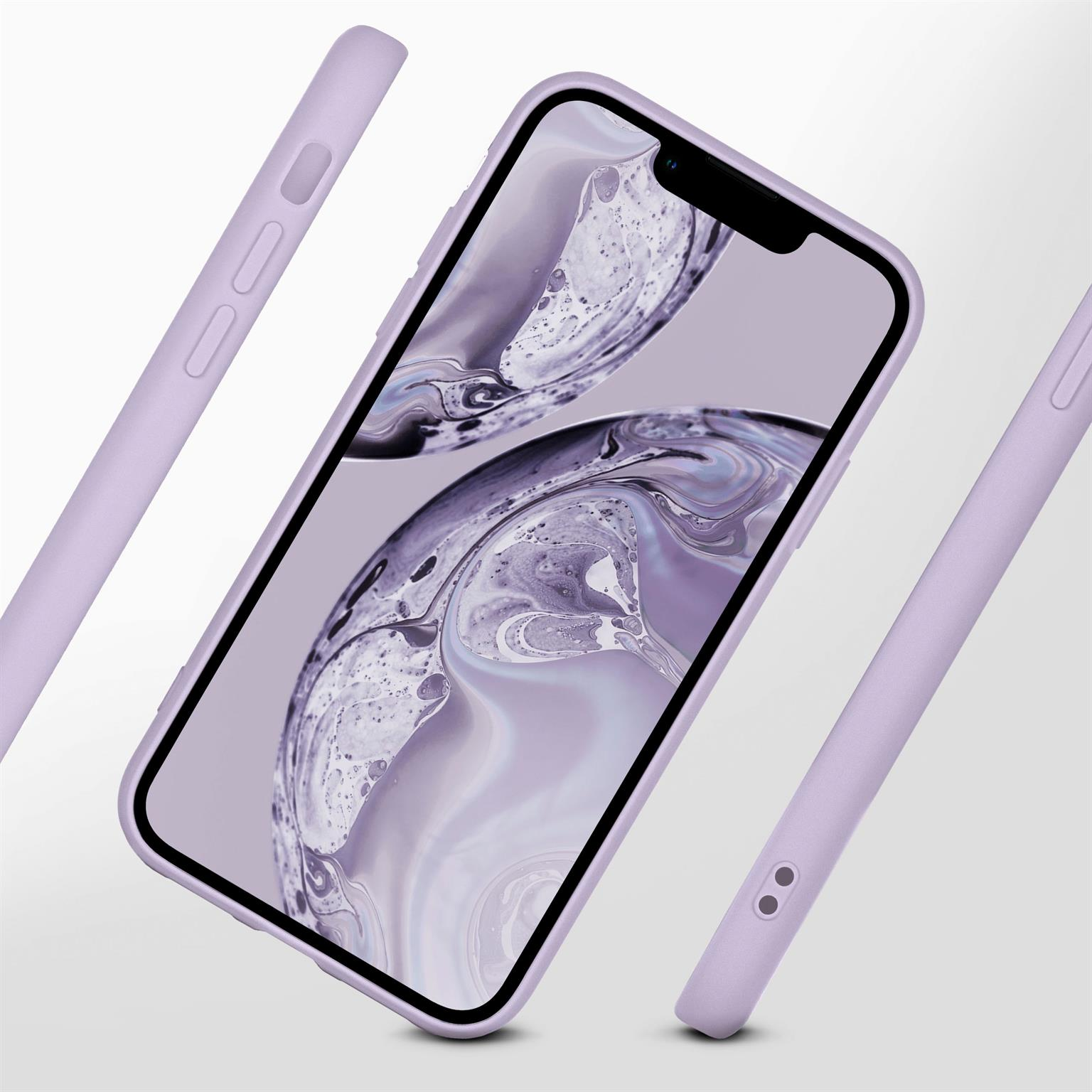 Lila Handyhülle auf lila Telefon. Drei Hüllen werden gezeigt. Weißer Hintergrund.